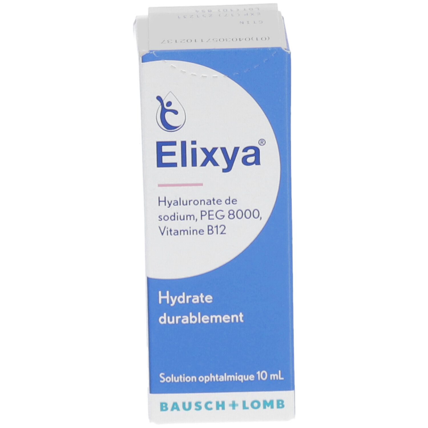 Boîte bleue Elixya. Contient hyaluronate, PEG 8000, vitamine B12. Solution ophtalmique 10 ml. Bausch + Lomb.