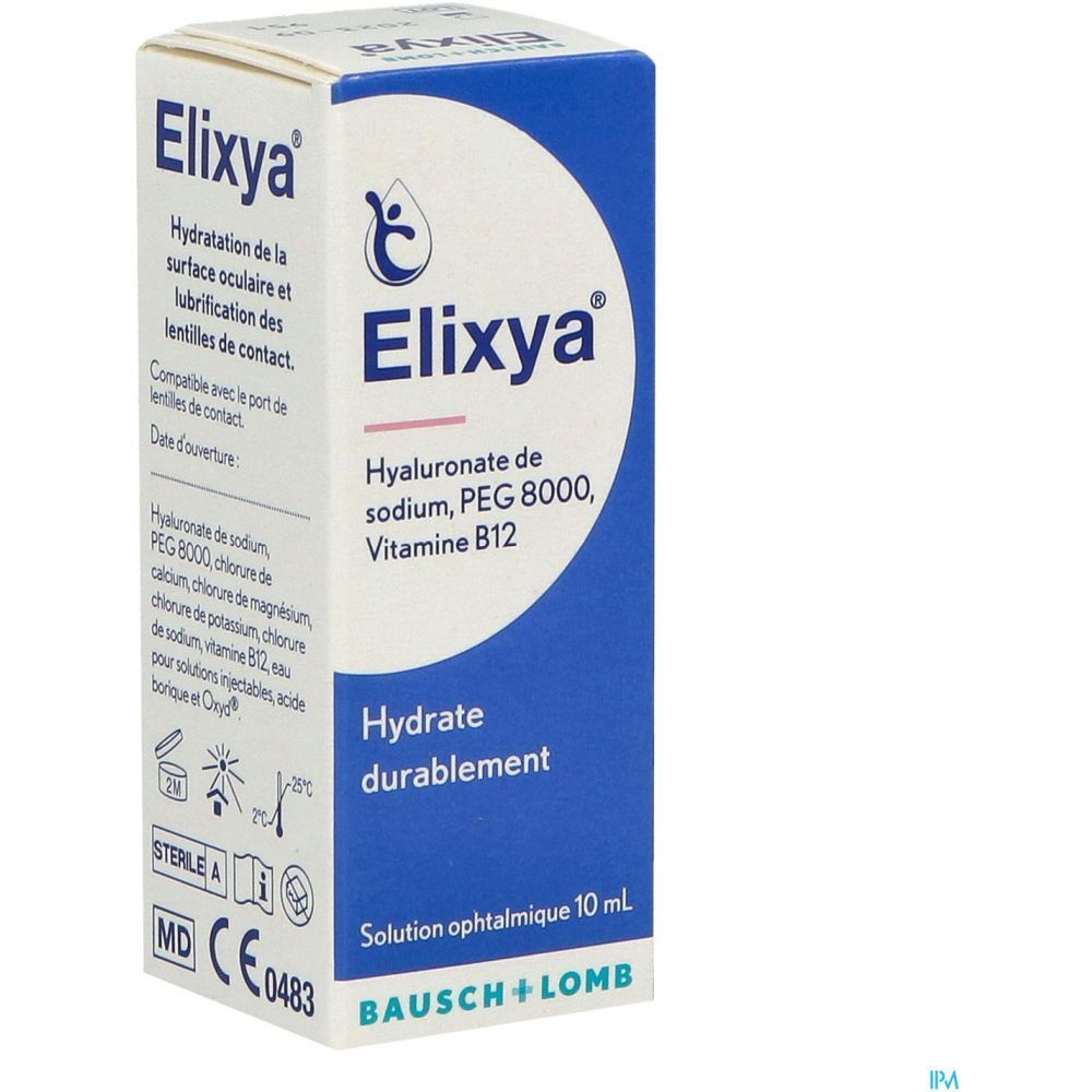 Boîte Elixya. Contient hyaluronate, PEG 8000, vitamine B12. Solution ophtalmique 10 ml. Bausch + Lomb. Stérile, CE 0483.