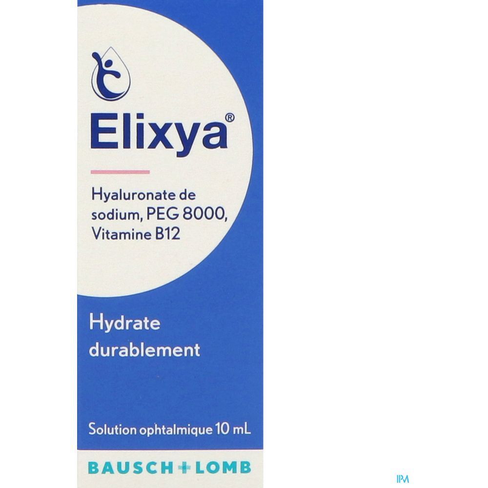 Boîte bleue Elixya. Contient hyaluronate, PEG 8000, vitamine B12. Solution ophtalmique 10 ml. Bausch + Lomb.