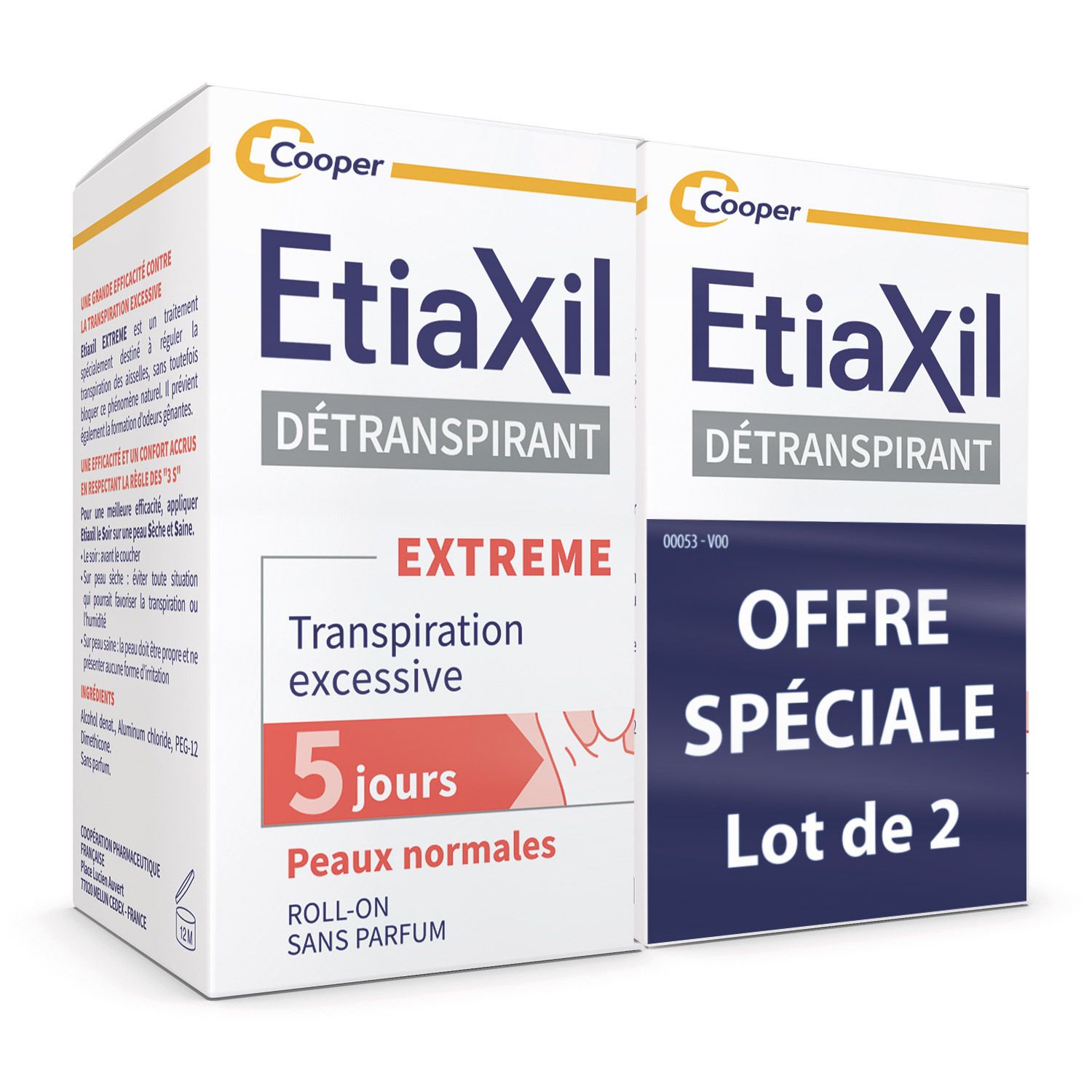 Twee Etiaxil-verpakkingen. Opschrift: DÉTRANSPIRANT, EXTREME, 5 dagen, normale huid. Cooper-logo.