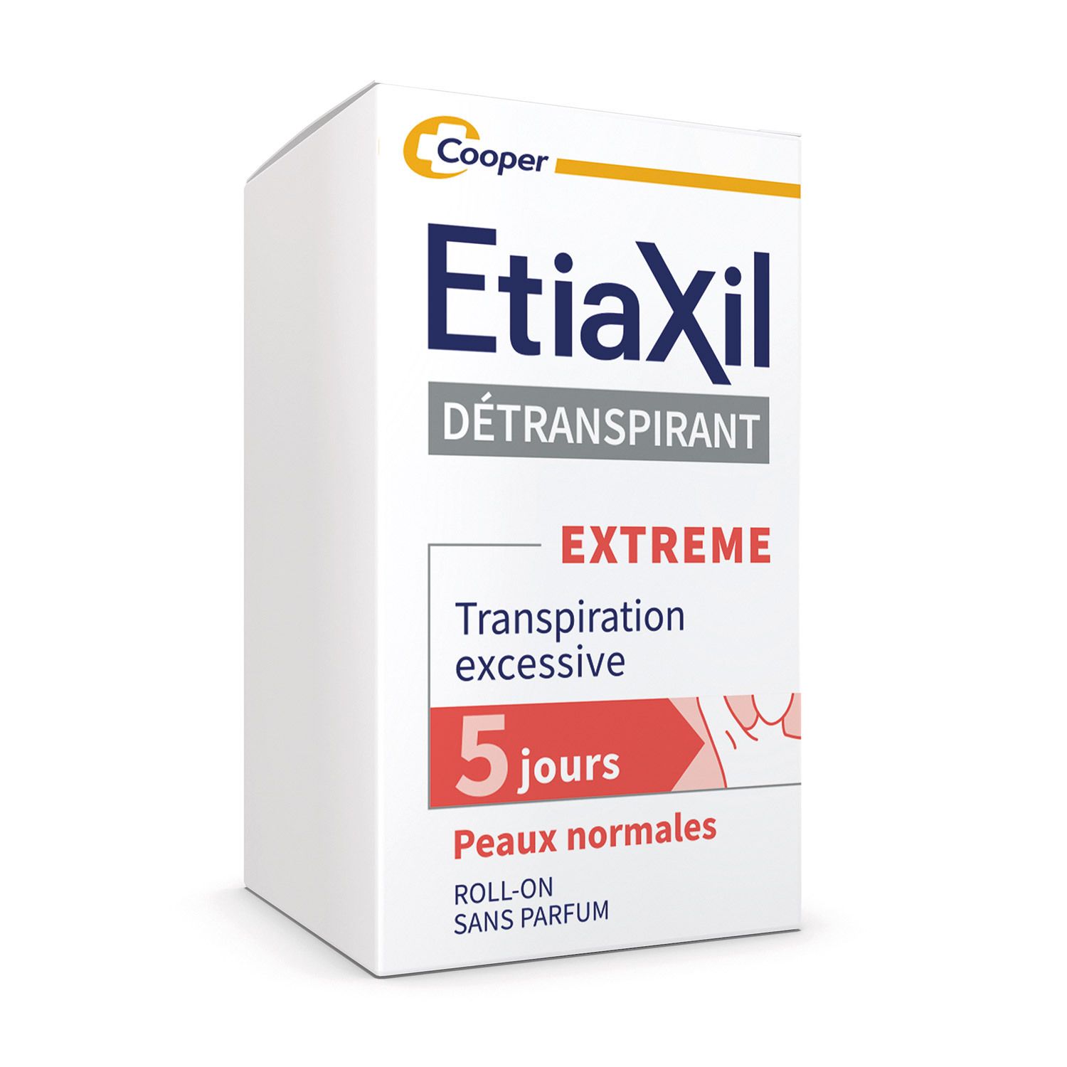 Etiaxil-verpakking. Opschrift: DÉTRANSPIRANT, EXTREME, 5 dagen, normale huid. Cooper-logo.