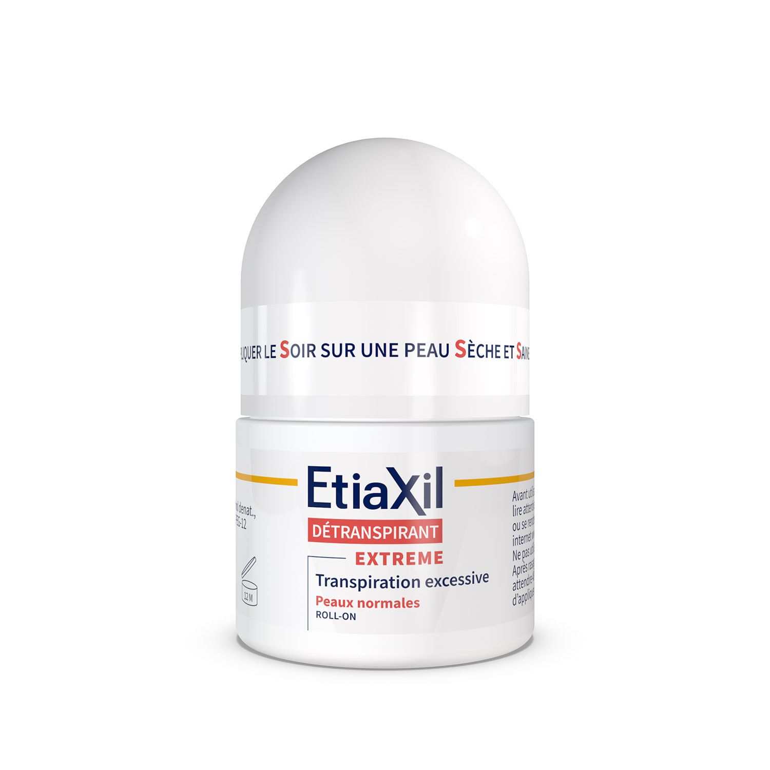 Etiaxil roll-on deodorant. Opschrift: DÉTRANSPIRANT, EXTREME, normale huid. Witte houder met dop.