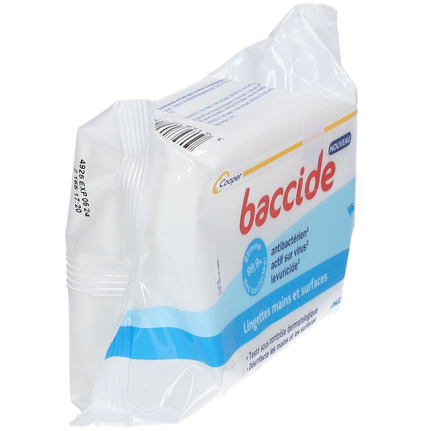 Paquet de lingettes baccide en biais. Emballage blanc avec bande bleue. Inscription : antibactérien, antiviral, levuricide.