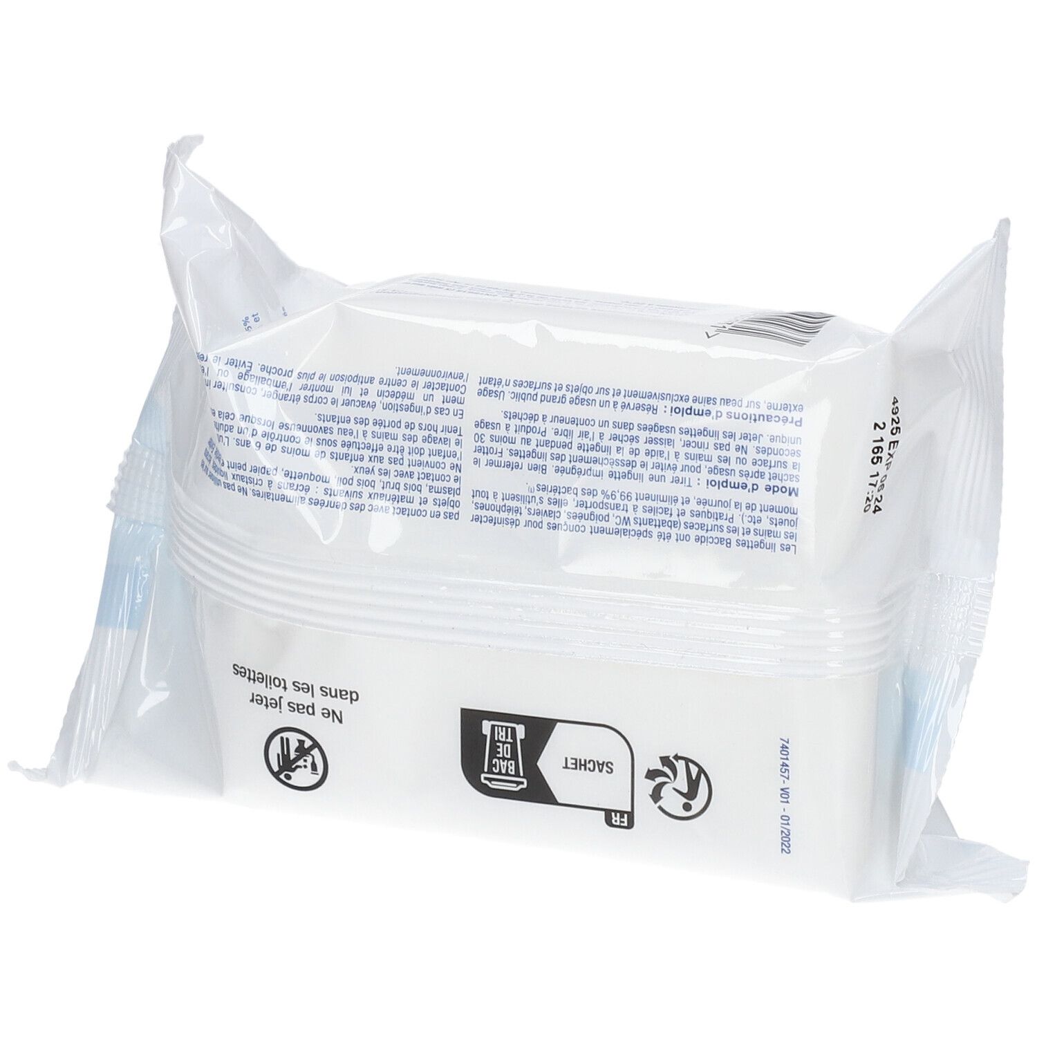 Paquet de lingettes baccide, dos. Emballage blanc avec texte. Inscription : Ne pas jeter dans les toilettes.