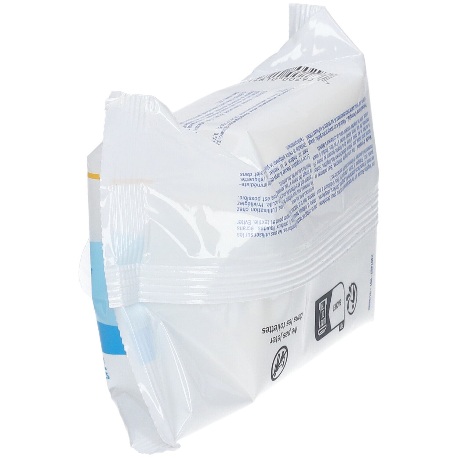 Paquet de lingettes baccide en biais, dos. Emballage blanc avec texte. Inscription : Ne pas jeter dans les toilettes.