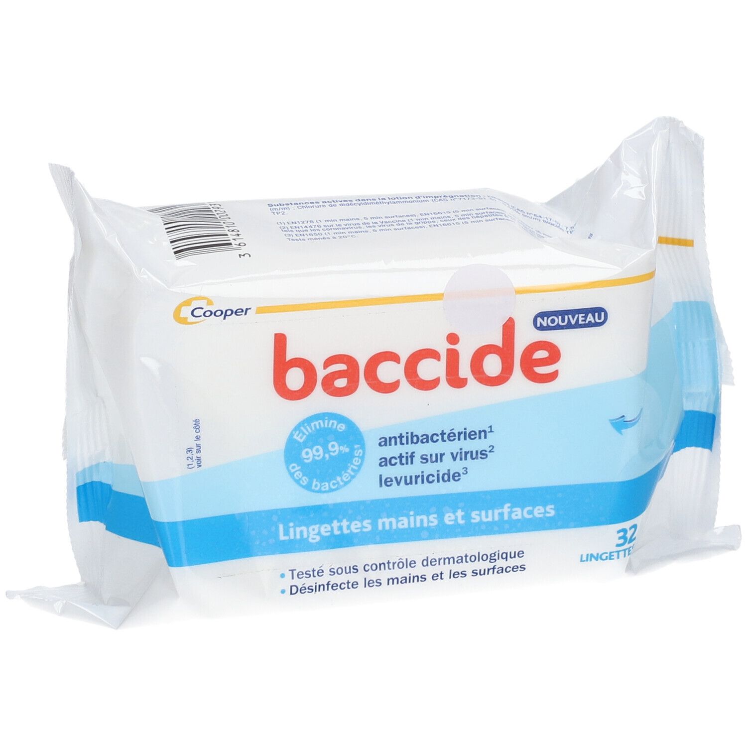 Paquet de lingettes baccide. Emballage blanc avec bande bleue. Contient 32 lingettes. Inscription : antibactérien, antiviral, levuricide.