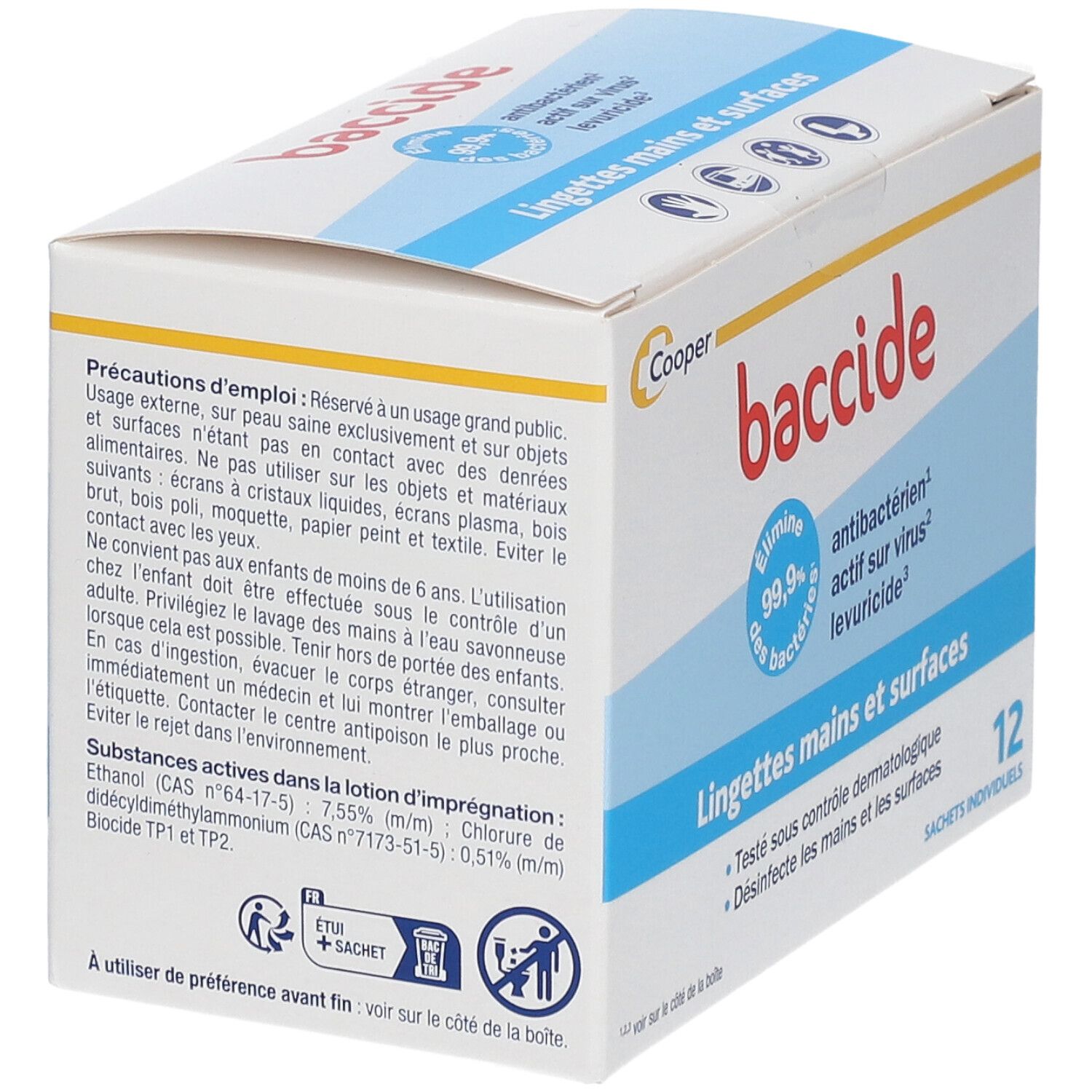Boîte Baccide, dos avec précautions d'emploi et ingrédients. Contient 12 sachets individuels. Antibactérien, levuricide.