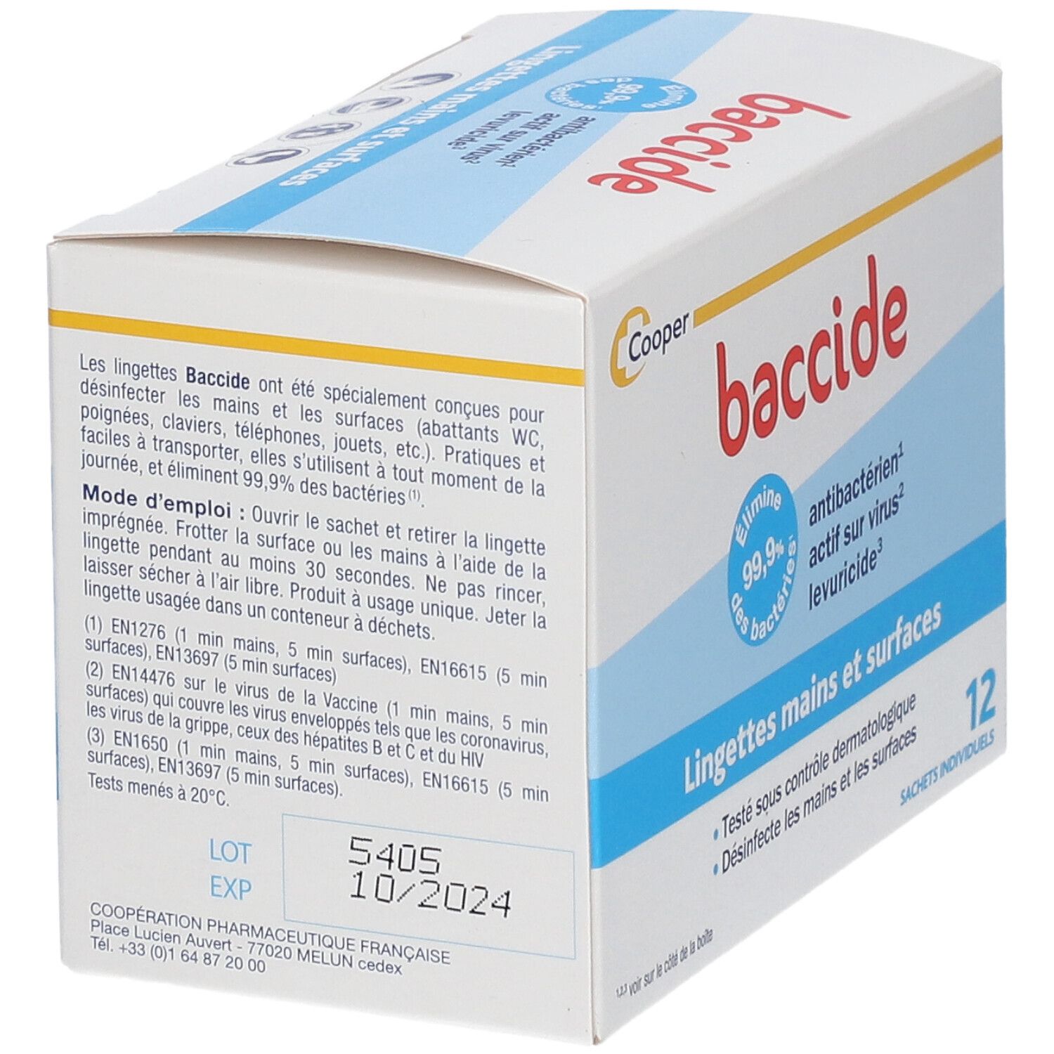Boîte Baccide, dos avec mode d'emploi. Contient 12 sachets individuels. Antibactérien, levuricide.