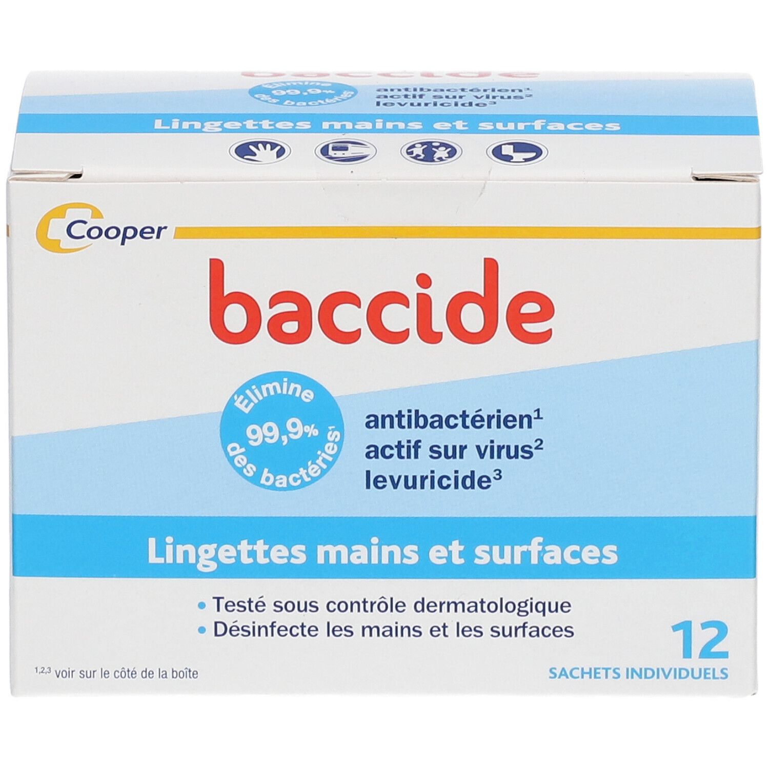 Boîte Baccide. Élimine 99,9% des bactéries. Antibactérien, levuricide. Pour mains et surfaces. 12 sachets.