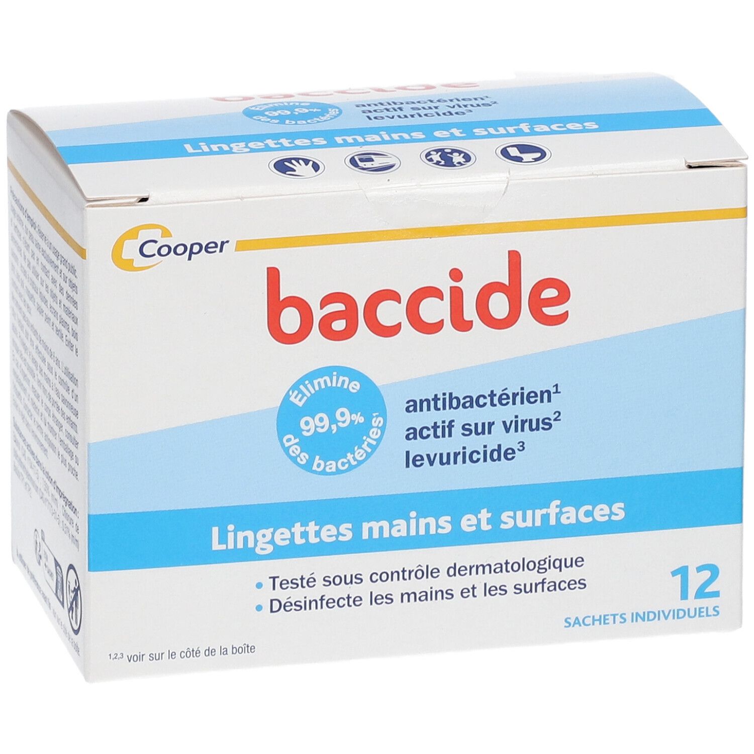 Boîte Baccide. Élimine 99,9% des bactéries. Antibactérien, levuricide. Pour mains et surfaces. 12 sachets.