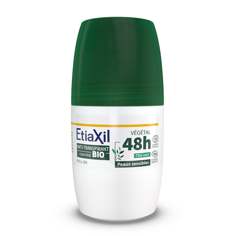 Déodorant roll-on. Bouchon vert, contenant blanc. Texte: Anti-transpirant 48h, BIO, Thé vert, Peaux sensibles.