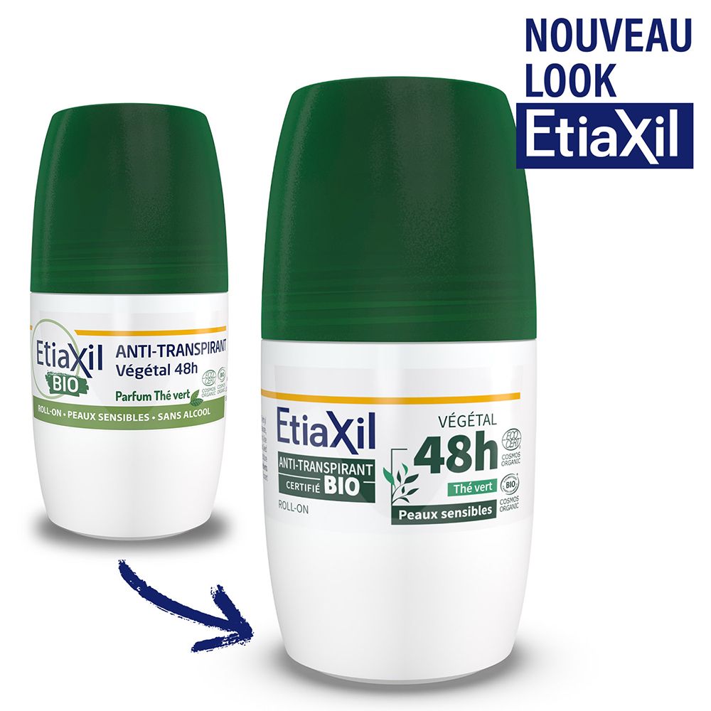 Deux déodorants roll-on. Bouchon vert, contenant blanc. Texte: Anti-transpirant 48h, BIO, Thé vert. Nouveau.