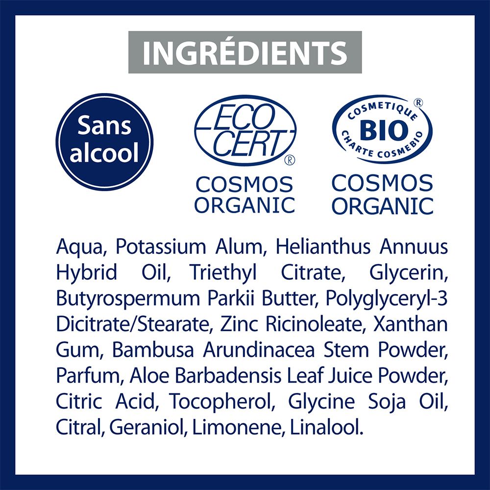 Liste des ingrédients. Texte: Sans alcool, COSMOS ORGANIC, BIO COSMOS ORGANIC. Ingrédients.