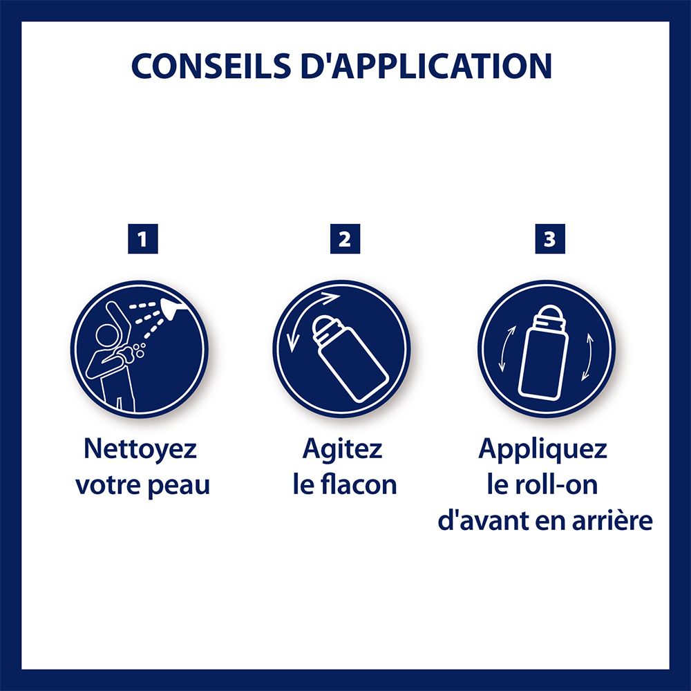 Conseils d'application. 3 étapes: Nettoyer la peau, agiter le flacon, appliquer le roll-on.