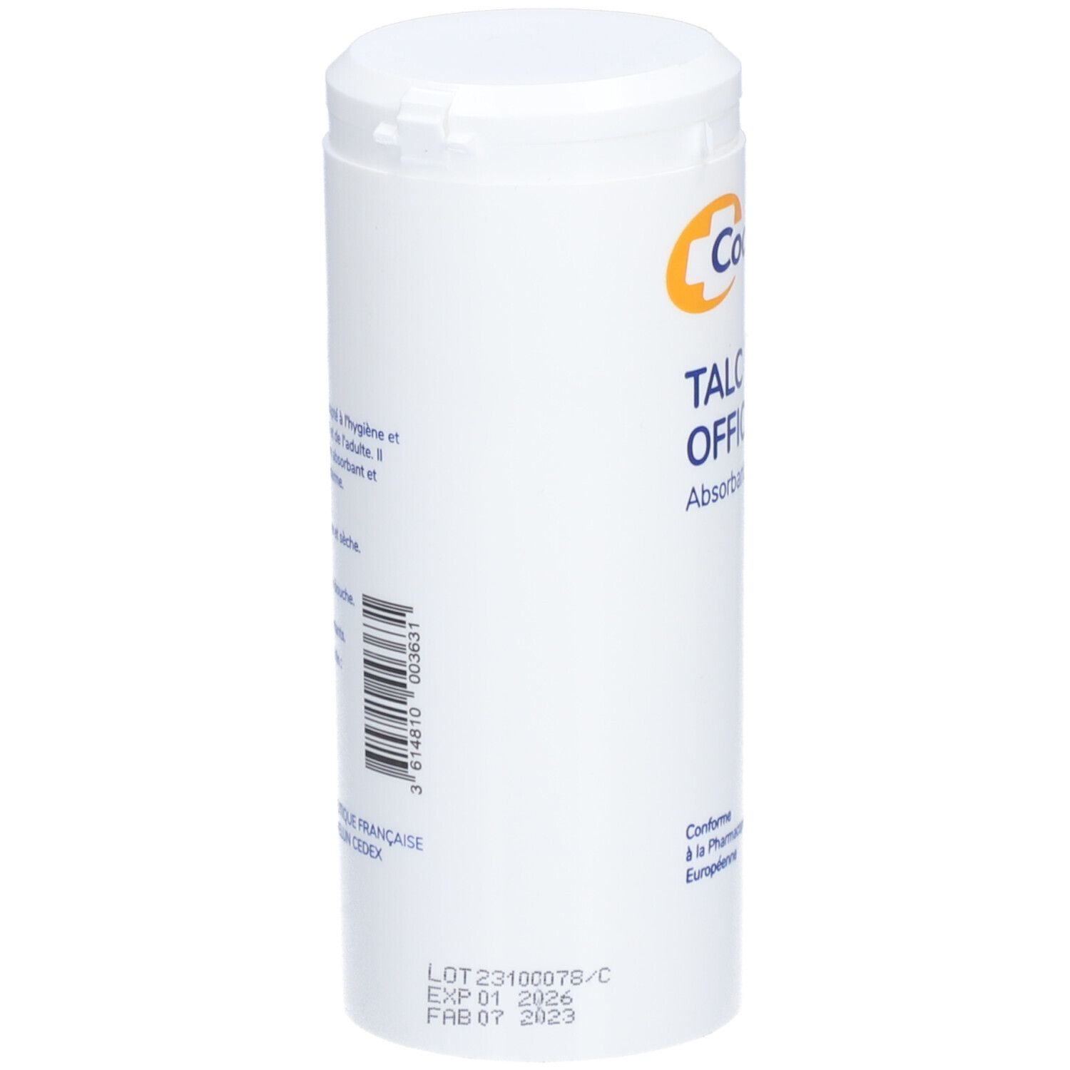 Flacon cylindrique blanc. Code-barres et texte sur le côté. Inscription: LOT, EXP, FAB.