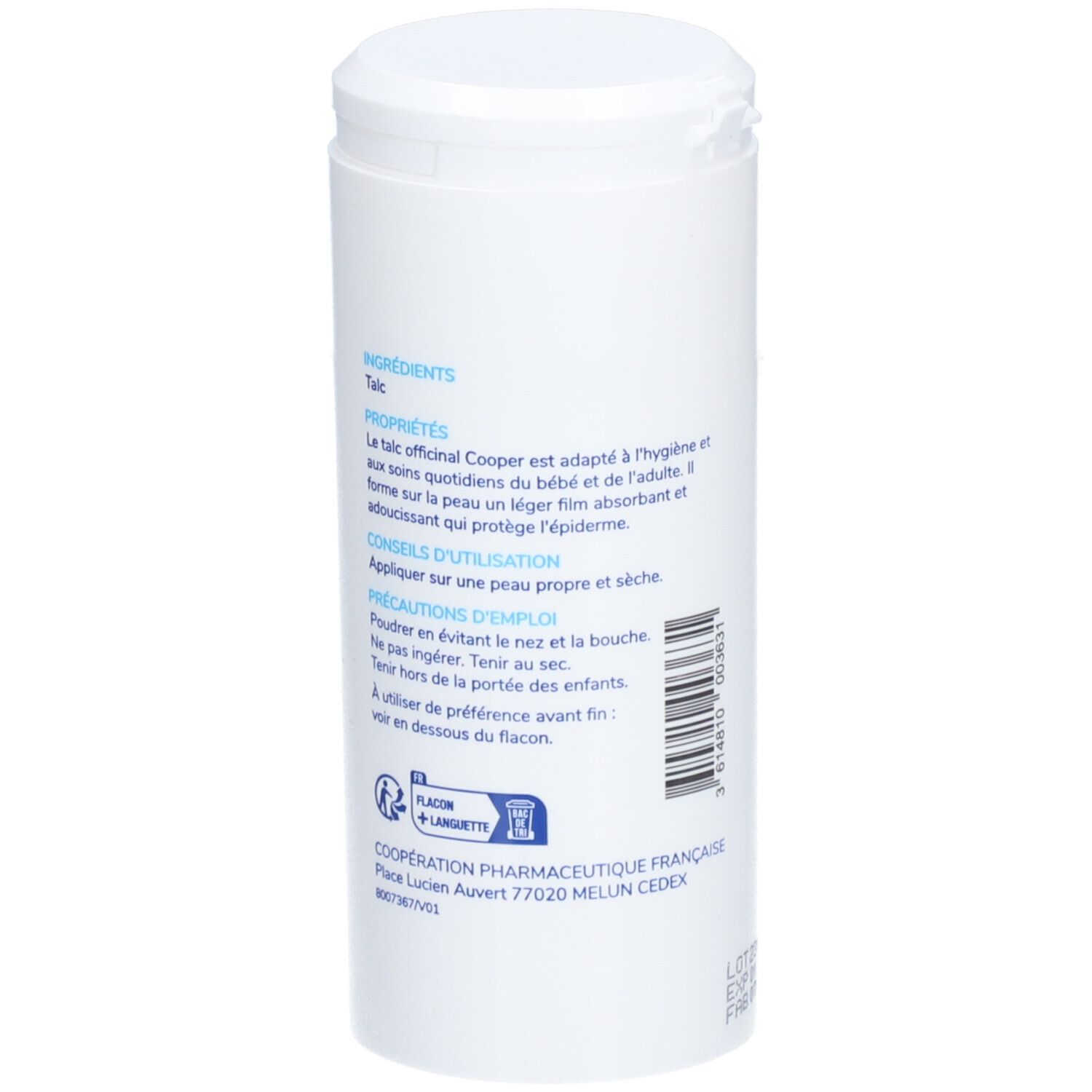 Flacon cylindrique blanc. Texte avec ingrédients et conseils d'utilisation. Logo.