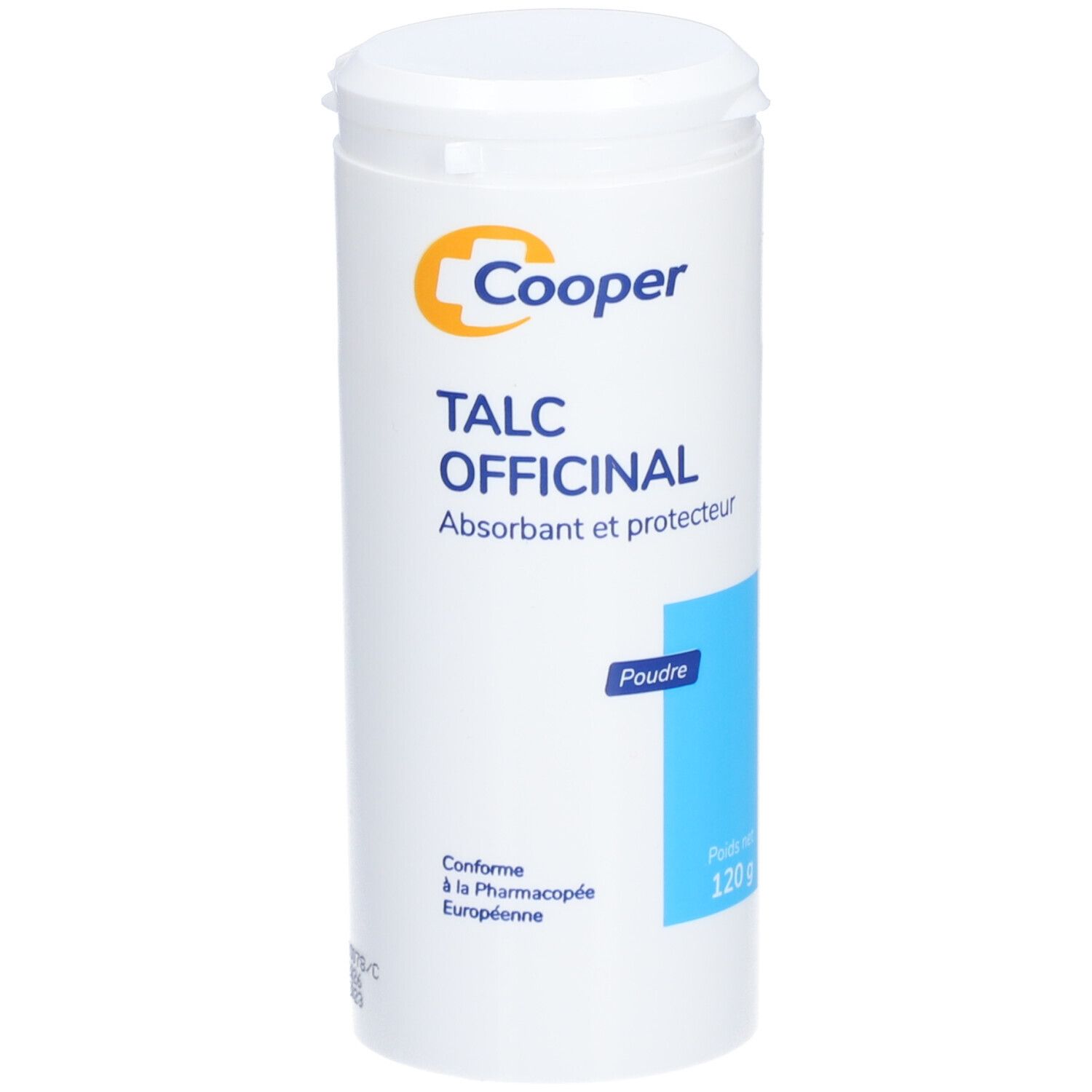 Flacon cylindrique blanc avec couvercle. Inscription: Cooper, Talc Officinal, 120 g. Marque bleue.