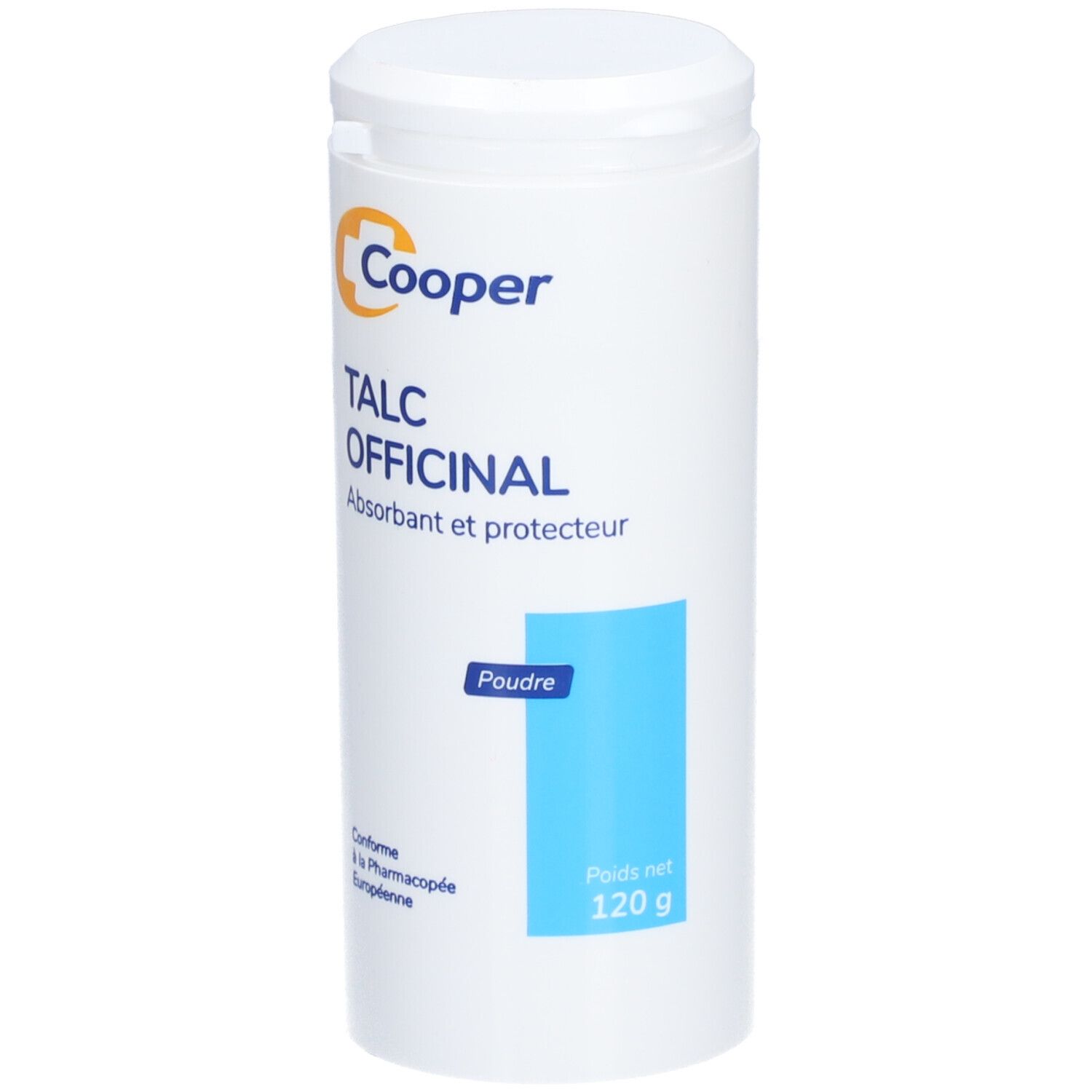 Flacon cylindrique blanc avec couvercle. Inscription: Cooper, Talc Officinal, 120 g. Marque bleue.