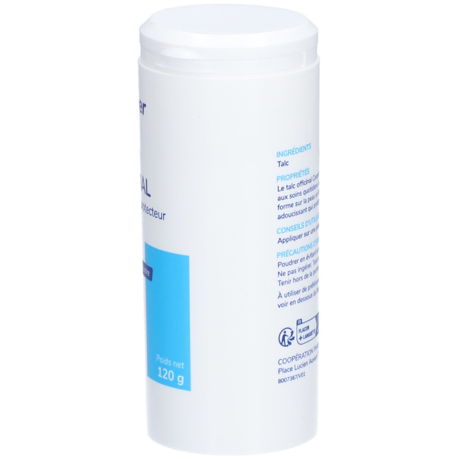Flacon cylindrique blanc. Texte avec ingrédients et conseils d'utilisation. Inscription: 120 g.