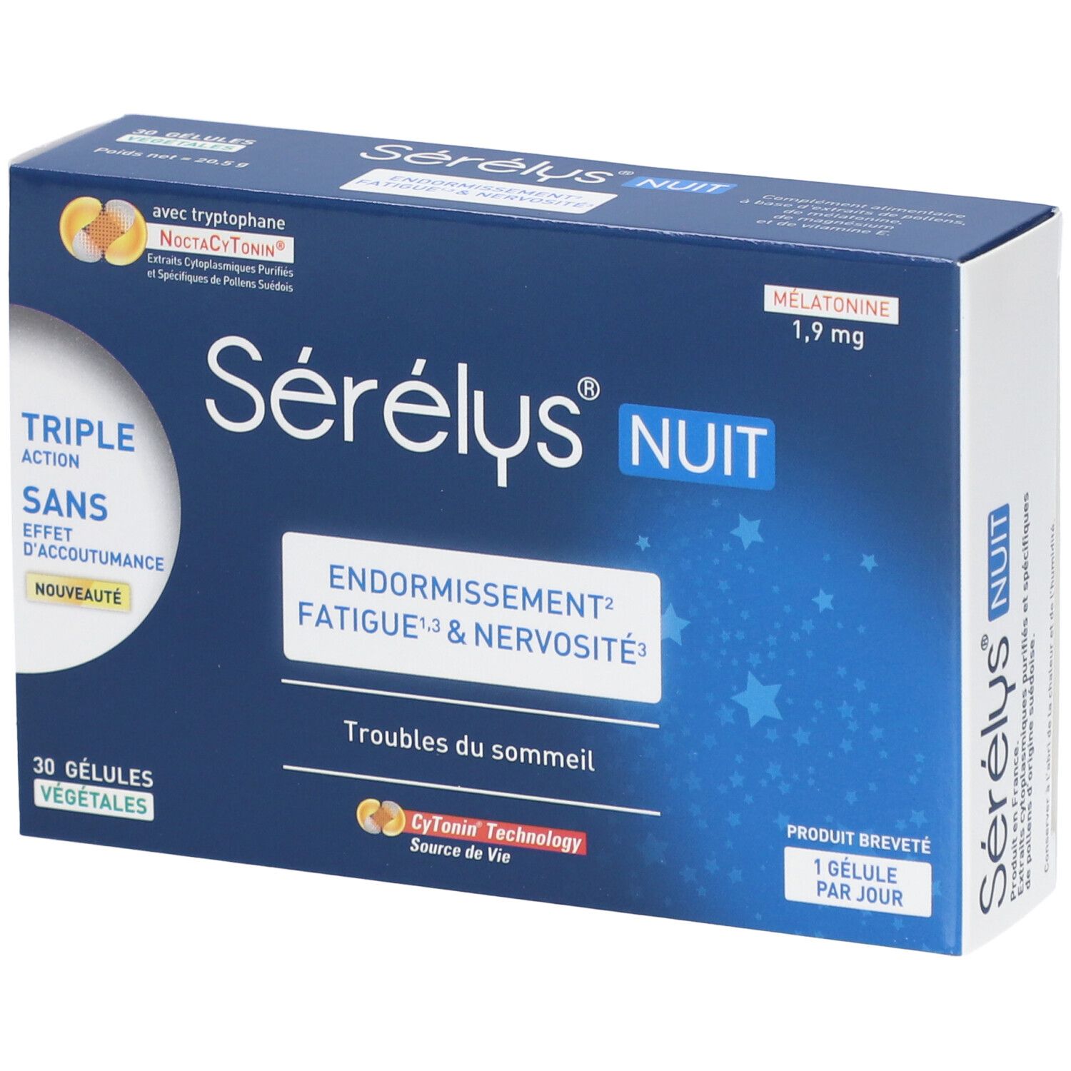 Boîte bleue et blanche Sérélys NUIT. Contient 30 gélules végétales. Texte : Endormissement, Fatigue & Nervosité.