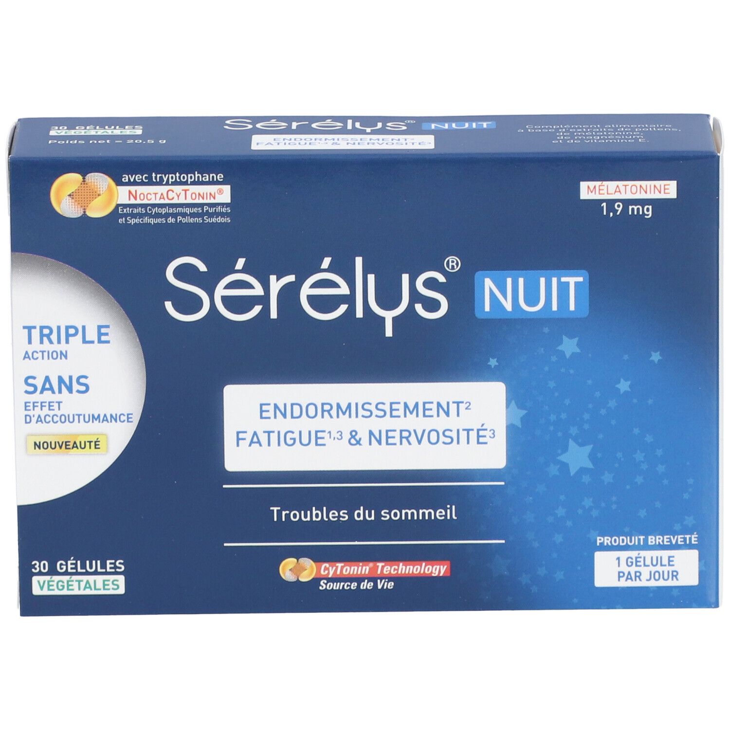 Boîte Sérélys NUIT, emballage bleu et blanc. Texte : Endormissement, Fatigue & Nervosité. 30 gélules végétales.