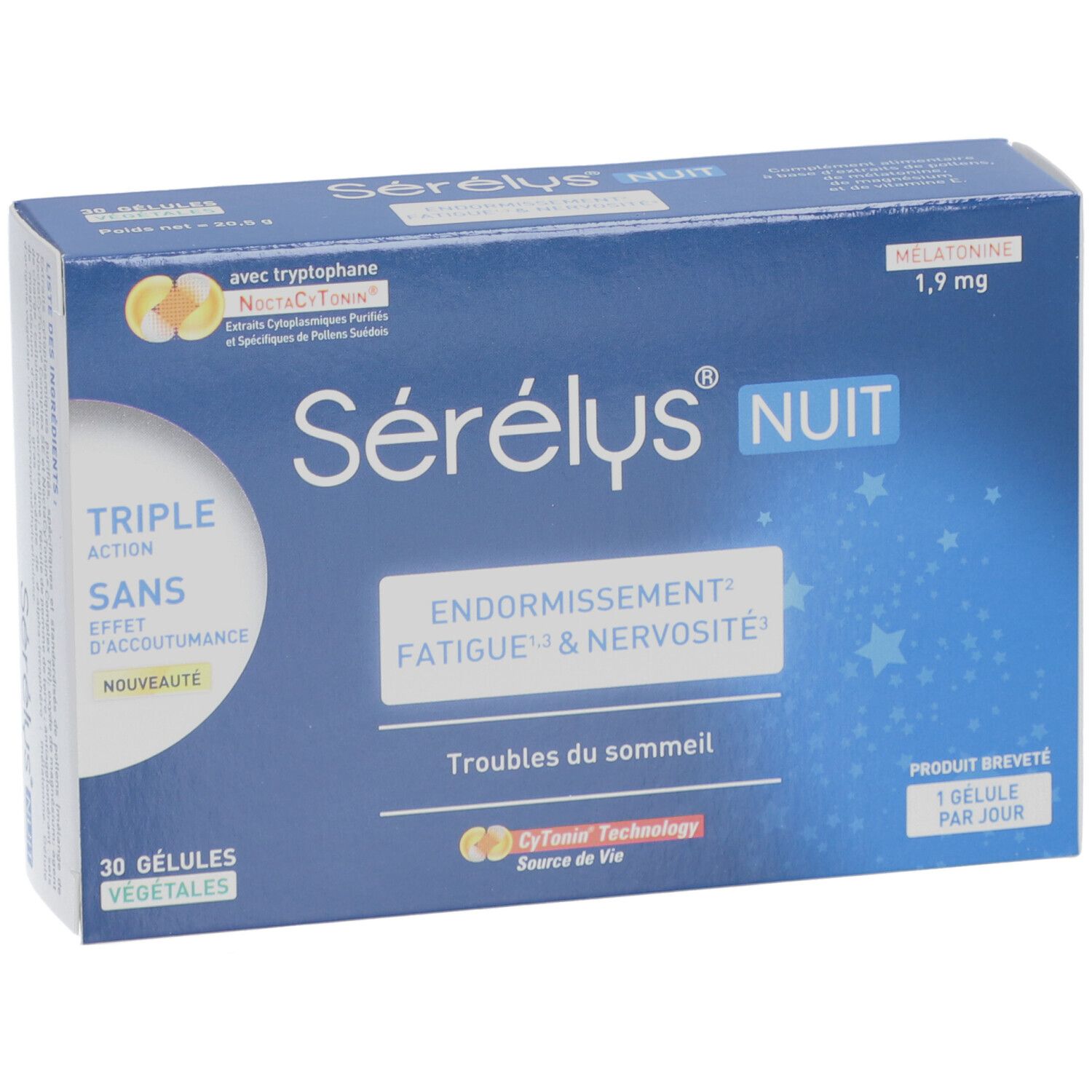Boîte Sérélys NUIT, emballage bleu et blanc. Texte : Endormissement, Fatigue & Nervosité. 30 gélules végétales.