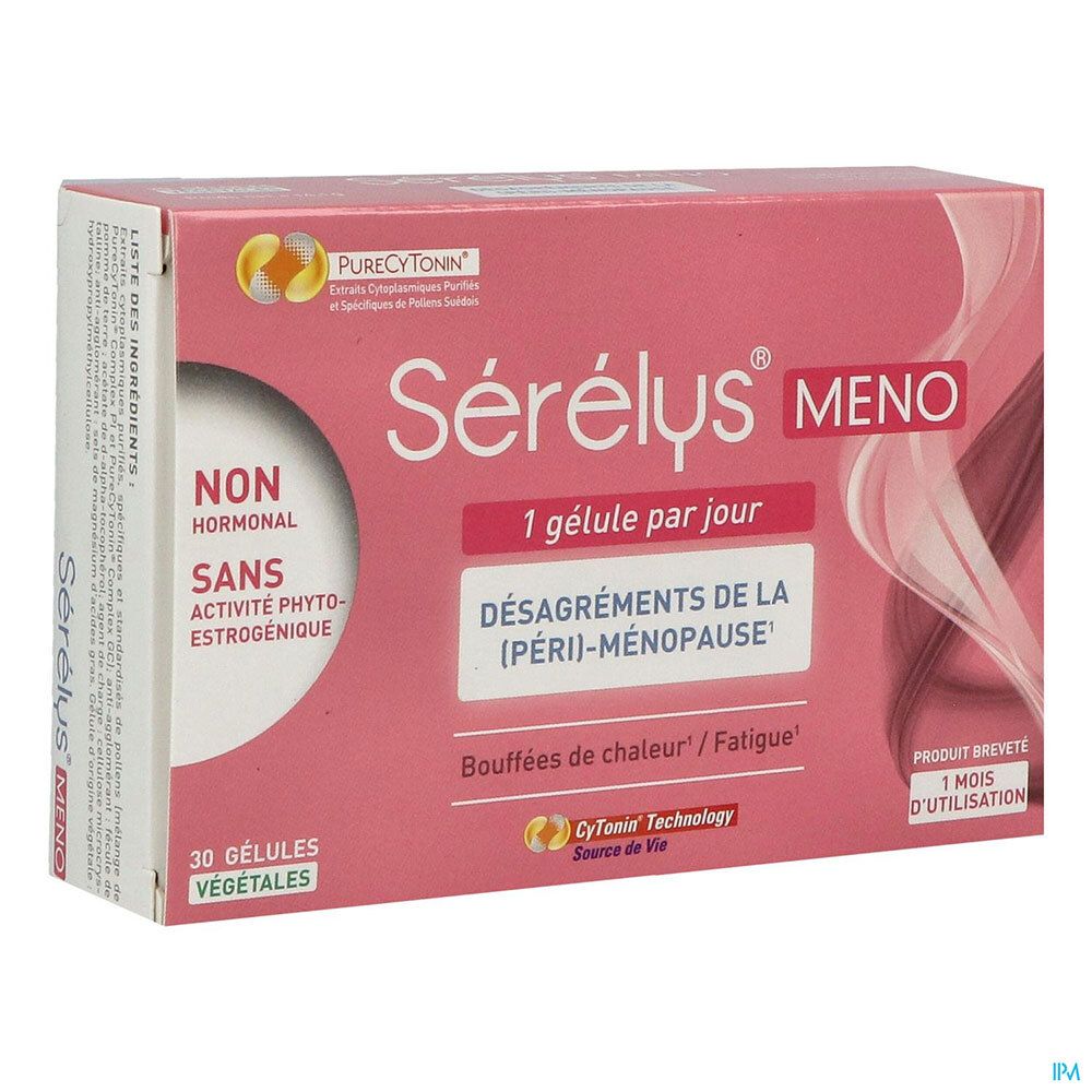 Boîte Sérélys MENO. Rose, texte blanc. 30 gélules végétales. Sans hormones. Ménopause : bouffées de chaleur.
