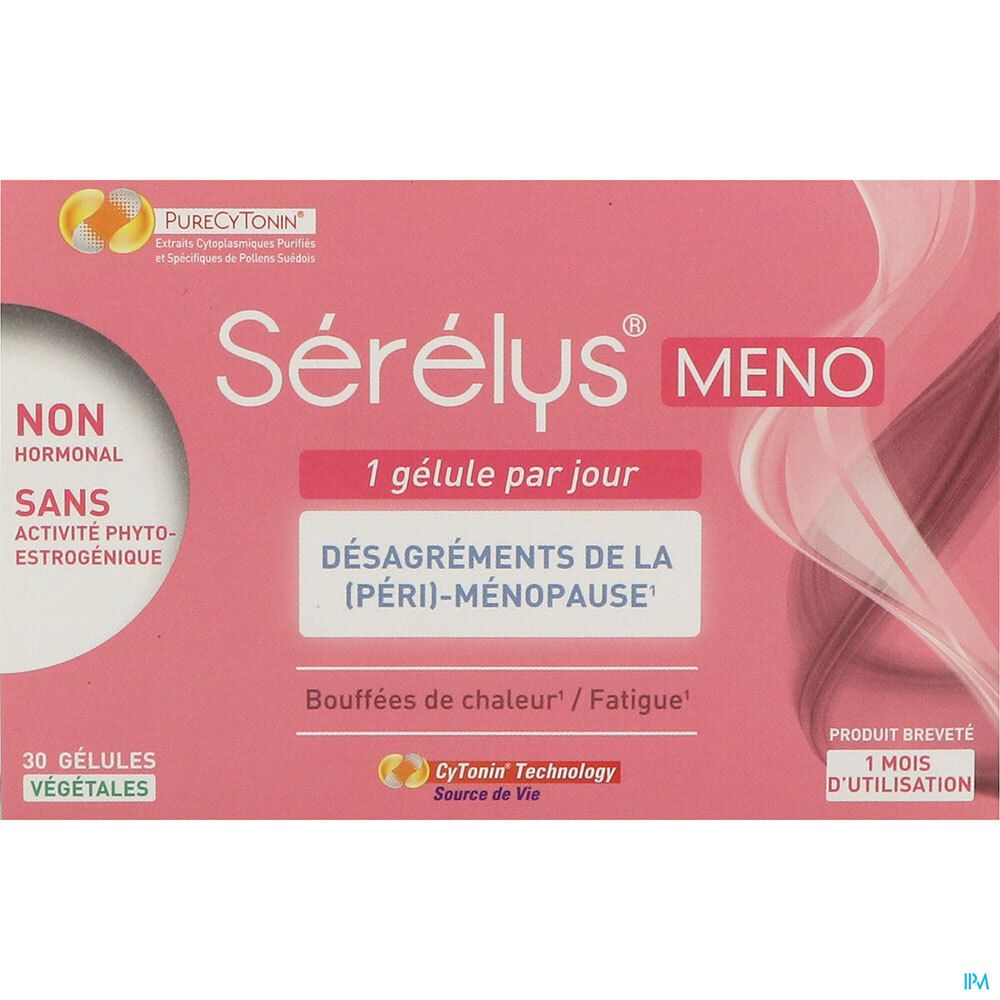 Boîte Sérélys MENO. Rose, texte blanc. 30 gélules. 1 gélule/jour. Ménopause : bouffées de chaleur.