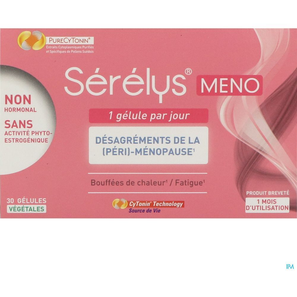 Boîte Sérélys MENO. Rose, texte blanc. 30 gélules. 1 gélule/jour. Ménopause : bouffées de chaleur.