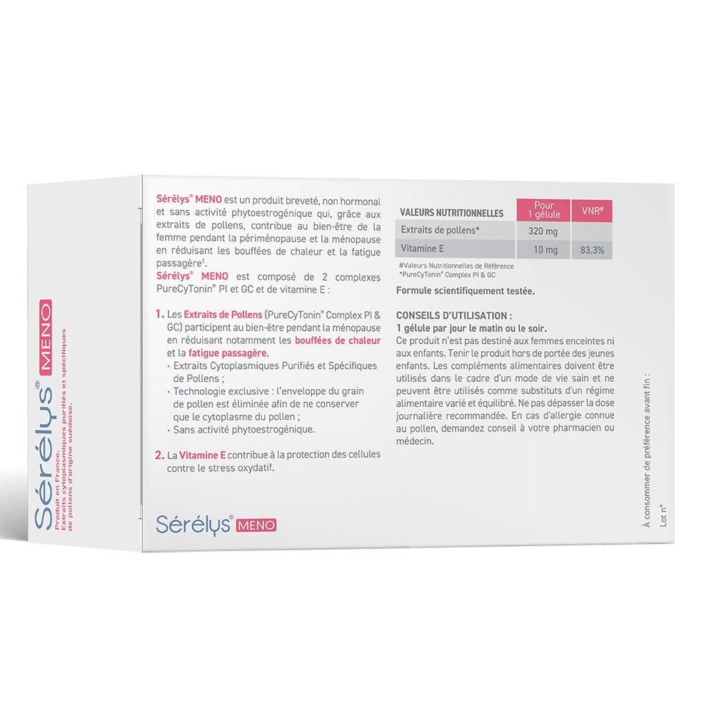 Rückseite der Sérélys MENO-Verpackung. Enthält Informationen zu Inhaltsstoffen und Anwendung.
