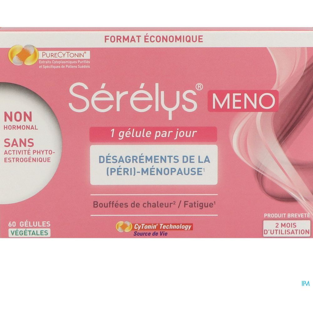 Sérélys MENO-Verpackung. Rosa, mit Aufschrift: „Nicht hormonal“. Enthält 60 Kapseln.