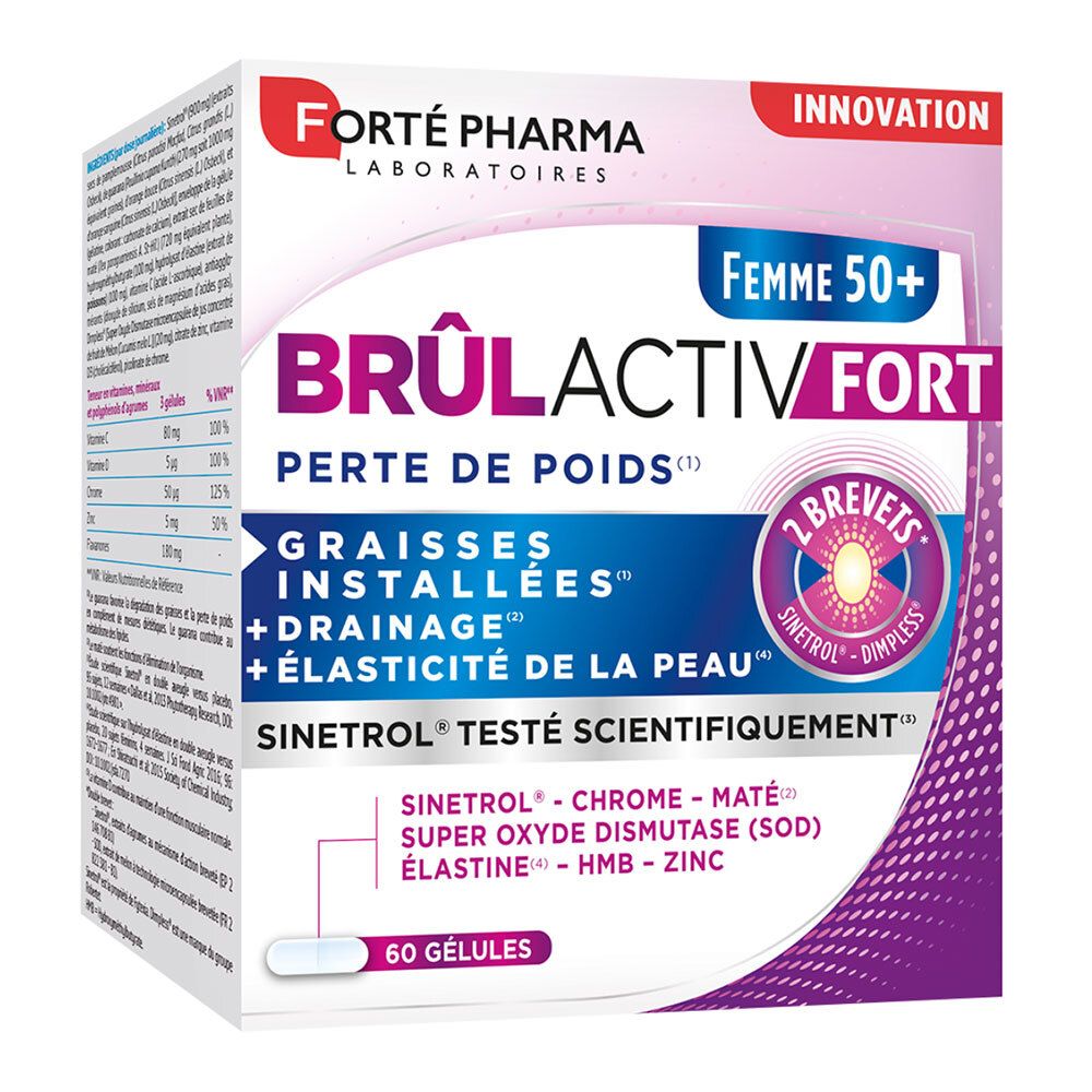Verpackung von Forté Pharma BRÛLACTIV FORT FEMME 50+. Weißer Karton mit Produktnamen und Logo. Enthält 60 Kapseln.