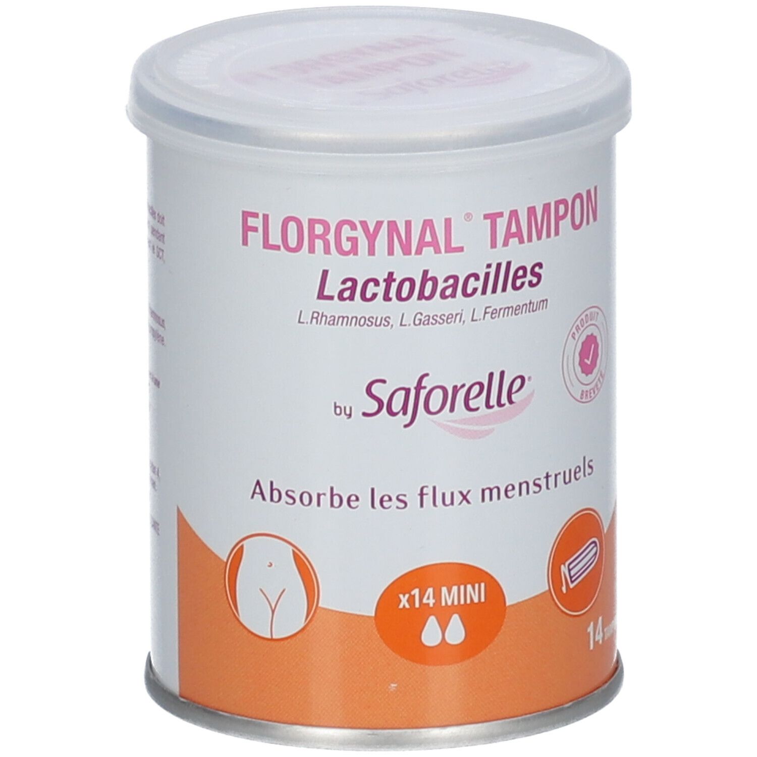 Boîte cylindrique avec impression du produit. Inscription: FLORGNYNAL TAMPON Lactobacilles by Saforelle. Tampons mini.