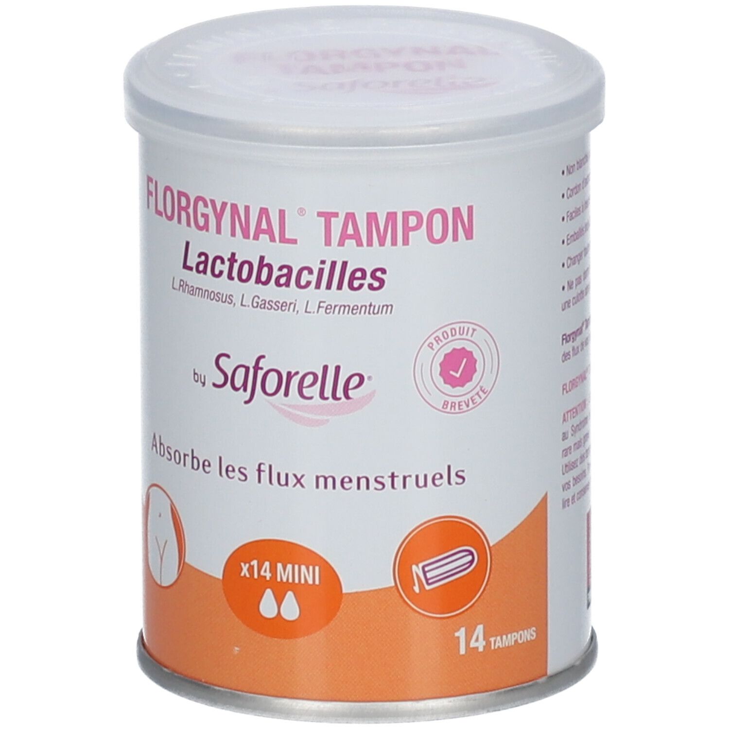 Boîte cylindrique avec impression du produit. Inscription: FLORGNYNAL TAMPON Lactobacilles by Saforelle. Tampons mini.