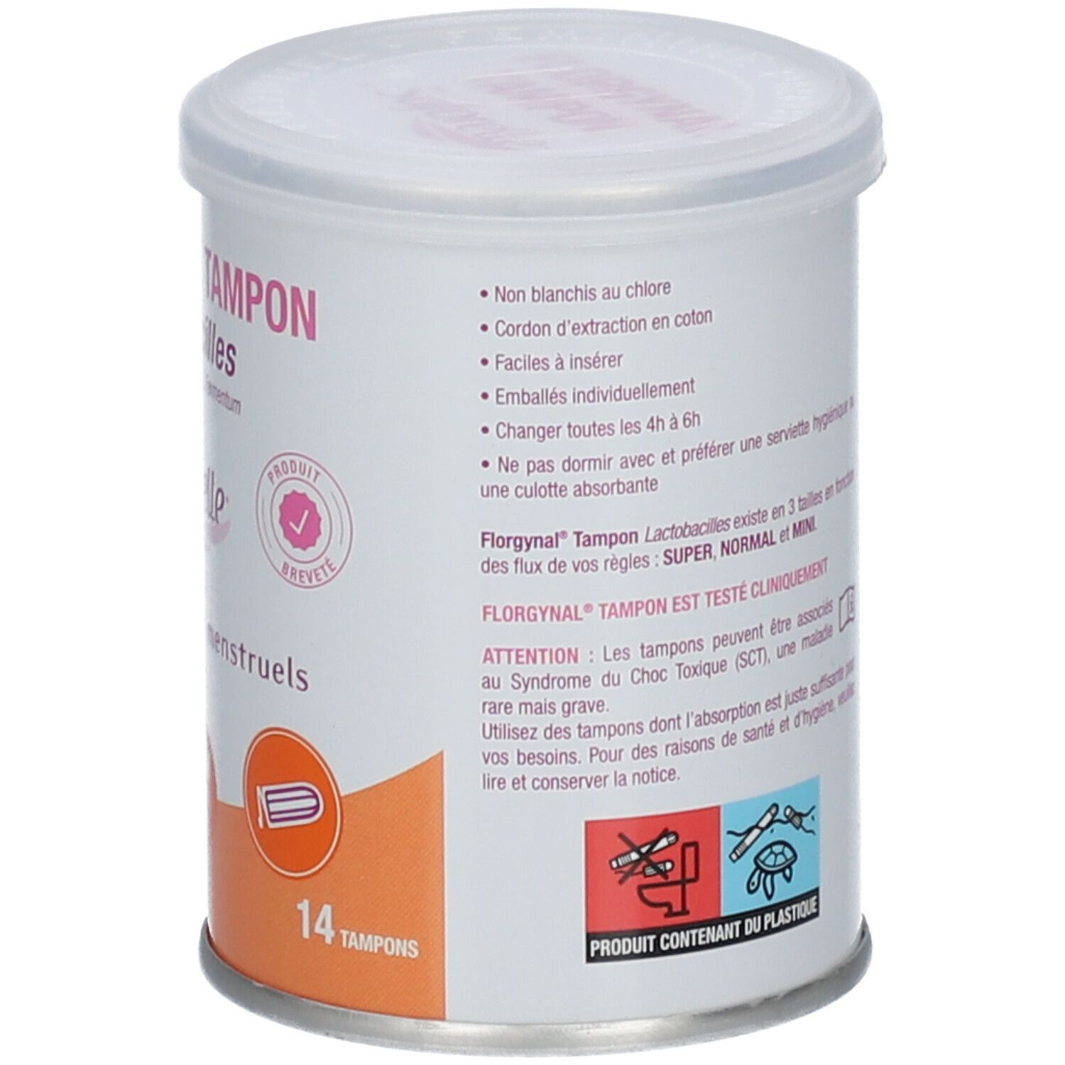 Boîte cylindrique, vue latérale. Texte: FLORGNYNAL TAMPON Lactobacilles. Informations sur l'utilisation et les ingrédients.
