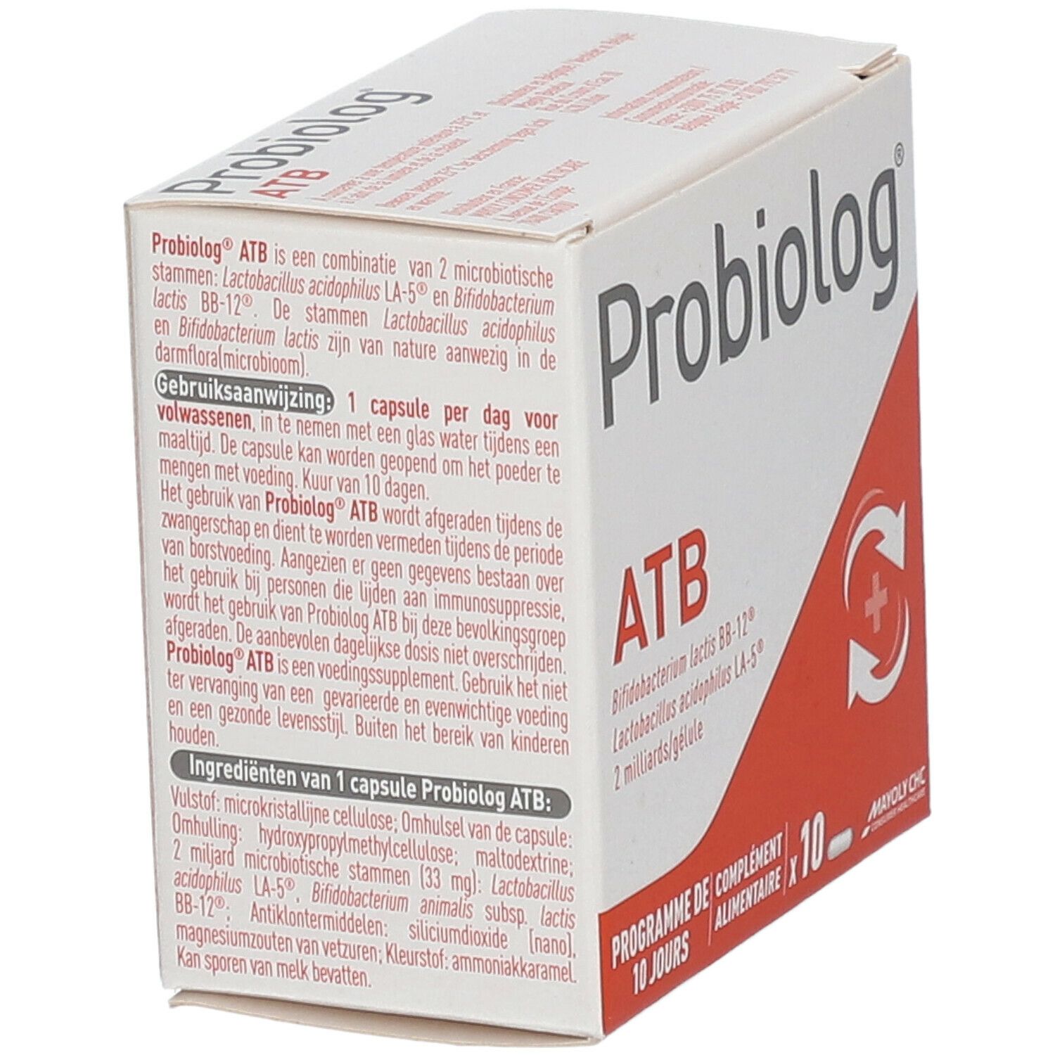 Boîte Probiolog ATB. Inscription : ATB, Bifidobacterium lactis BB-12, Lactobacillus acidophilus LA-5, 2 milliards/capsule. Programme 10 jours.
