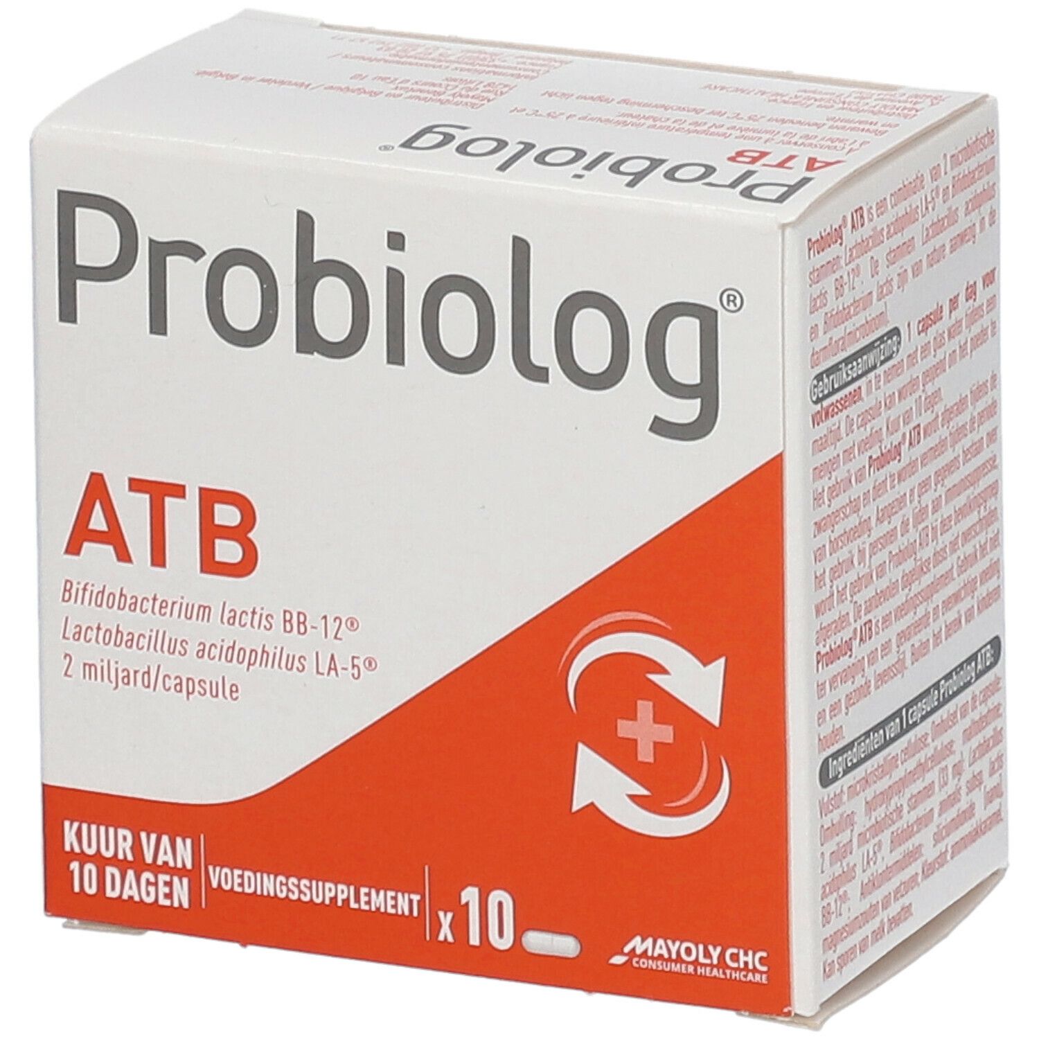 Boîte Probiolog ATB. Inscription : ATB, Bifidobacterium lactis BB-12, Lactobacillus acidophilus LA-5, 2 milliards/capsule. Programme 10 jours.