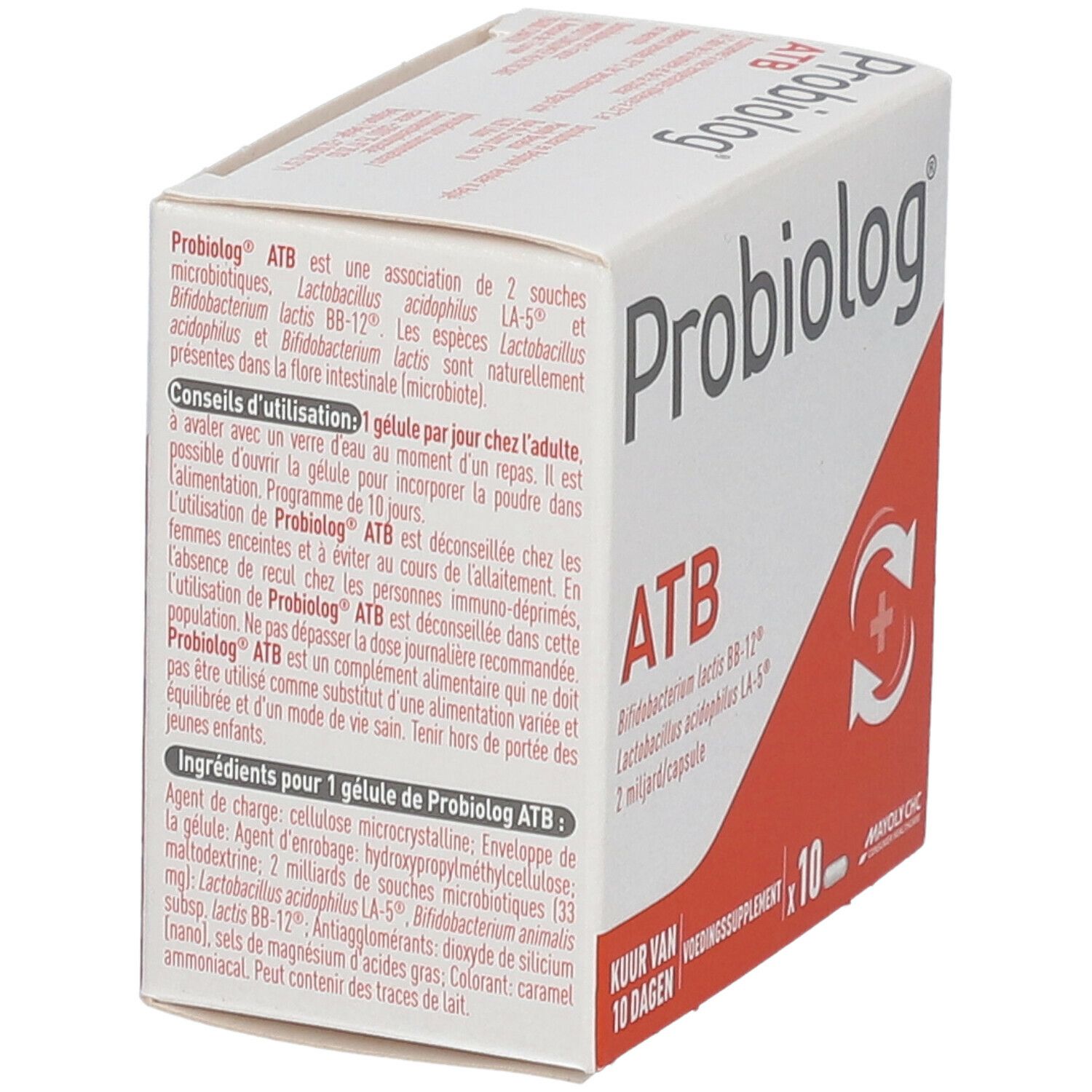 Boîte Probiolog ATB. Inscription : ATB, Bifidobacterium lactis BB-12, Lactobacillus acidophilus LA-5, 2 milliards/capsule. Programme 10 jours.