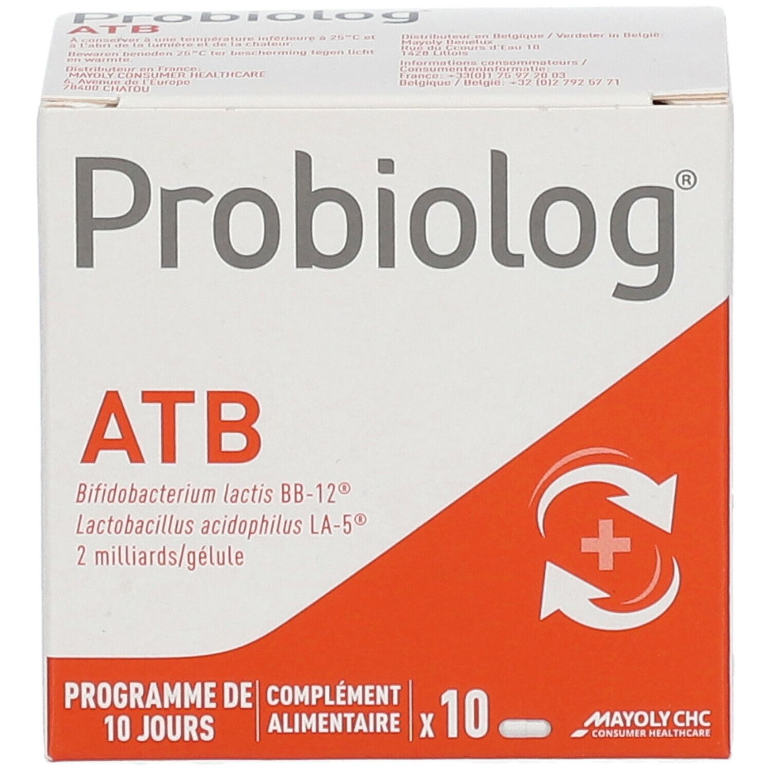 Boîte Probiolog ATB. Inscription : ATB, Bifidobacterium lactis BB-12, Lactobacillus acidophilus LA-5, 2 milliards/capsule. Programme 10 jours.