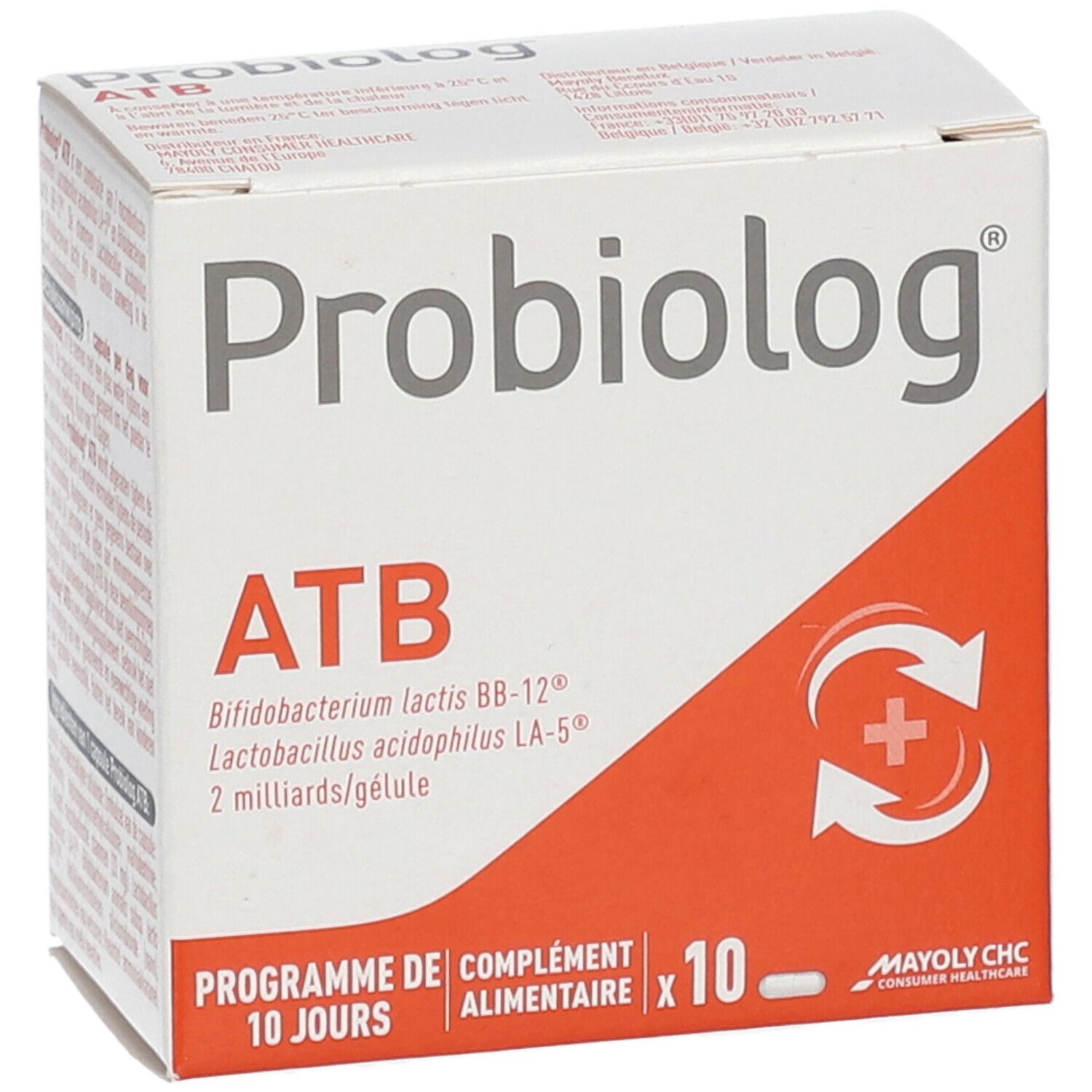 Boîte Probiolog ATB. Inscription : ATB, Bifidobacterium lactis BB-12, Lactobacillus acidophilus LA-5, 2 milliards/capsule. Programme 10 jours.