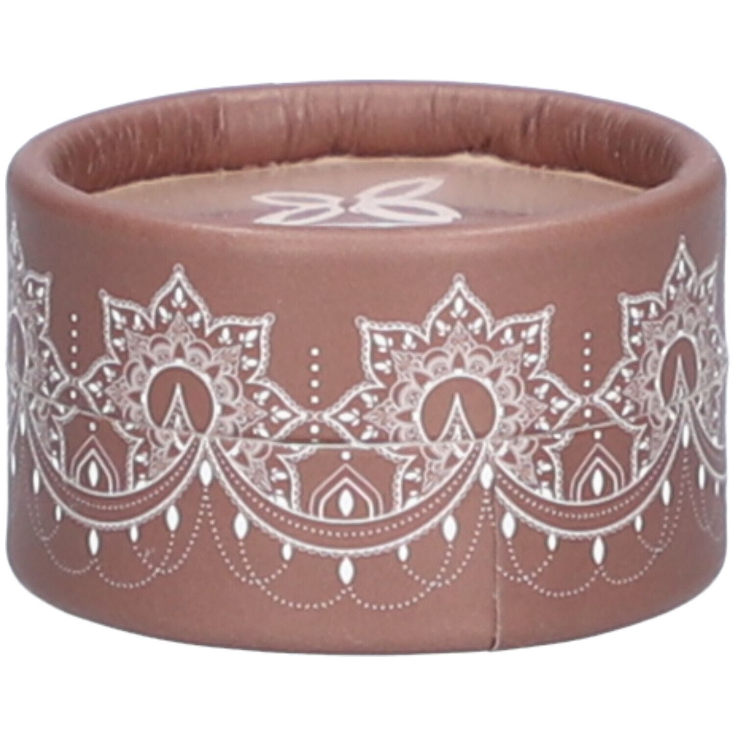 Contenant rond marron avec motif blanc. Couvercle avec logo. Produit cosmétique.