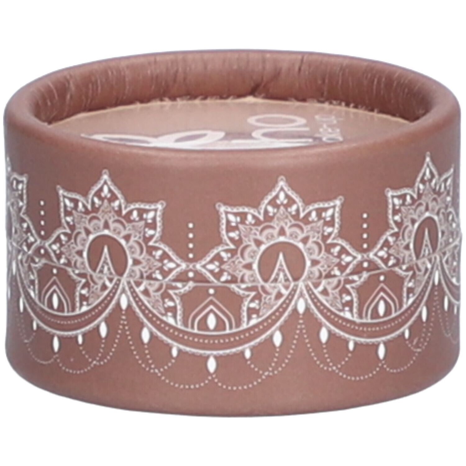 Contenant rond marron avec motif blanc. Couvercle avec logo. Produit cosmétique.