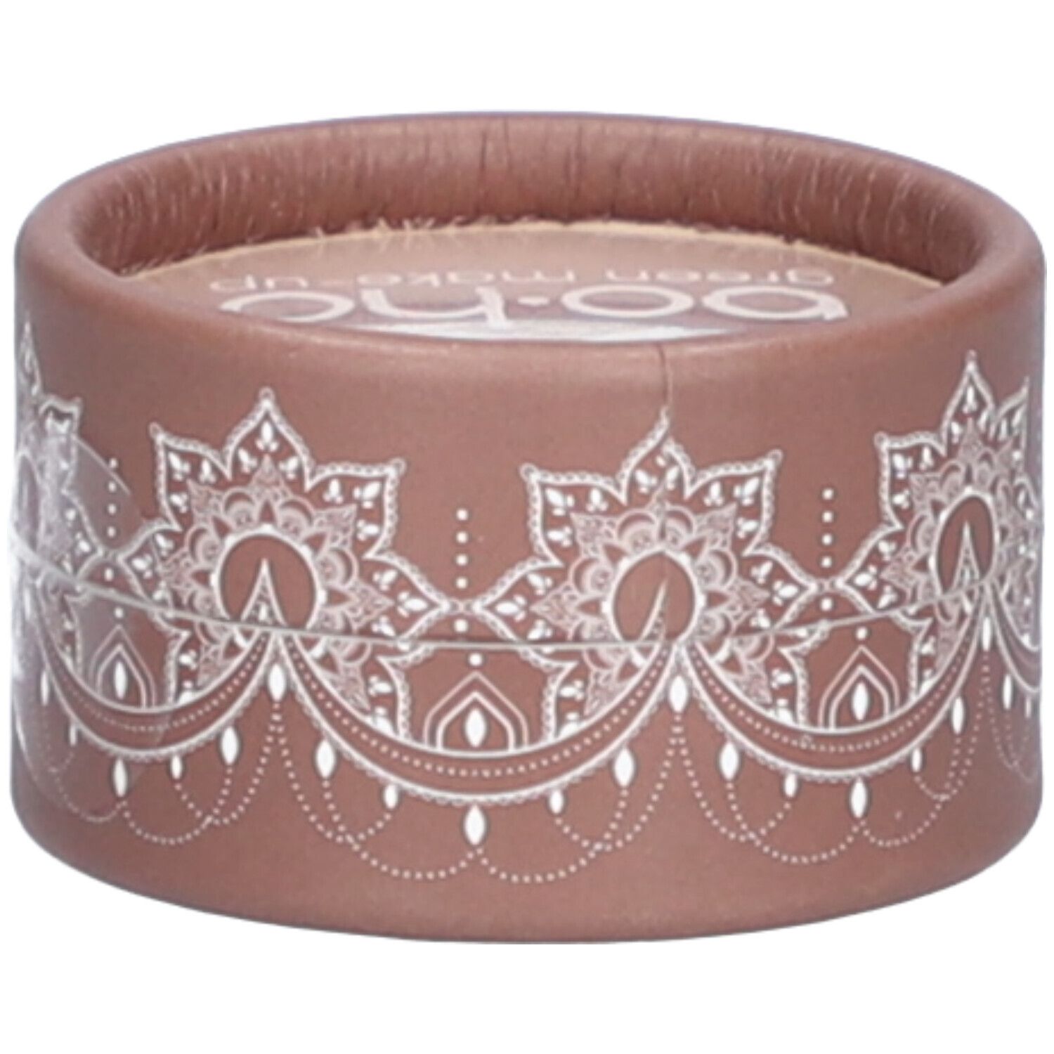 Contenant rond marron avec motif blanc. Couvercle avec logo et texte. Produit cosmétique.