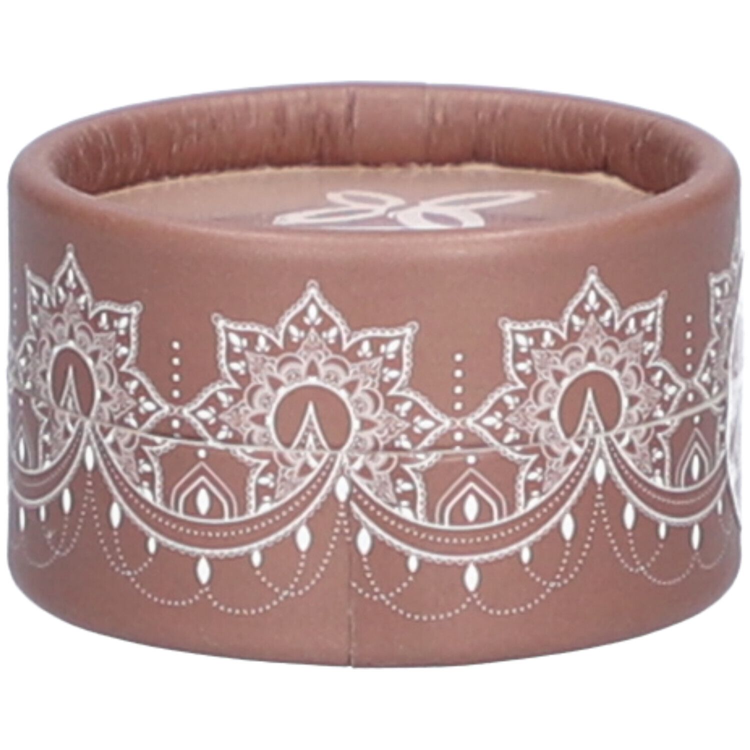 Contenant rond marron avec motif blanc. Couvercle avec logo. Produit cosmétique.