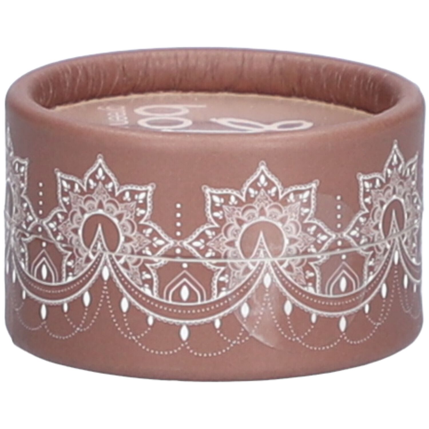 Contenant rond marron avec motif blanc. Couvercle avec logo et texte. Produit cosmétique.