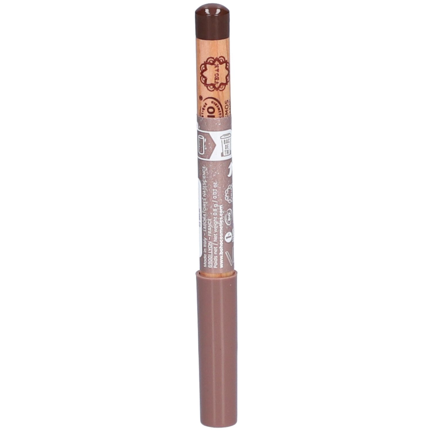 Crayon pour les yeux brun. Corps en bois avec pointe et applicateur bruns. Inscription: 01.