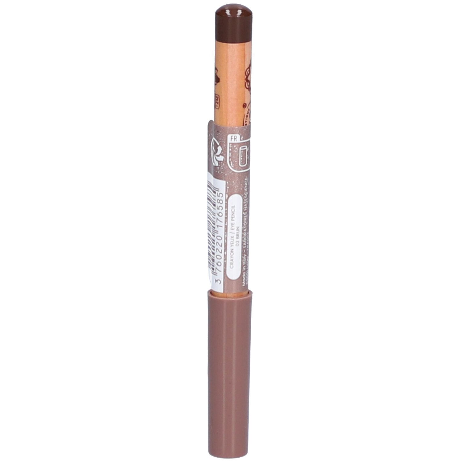 Crayon pour les yeux brun. Corps en bois avec pointe et applicateur bruns. Code-barres et texte.