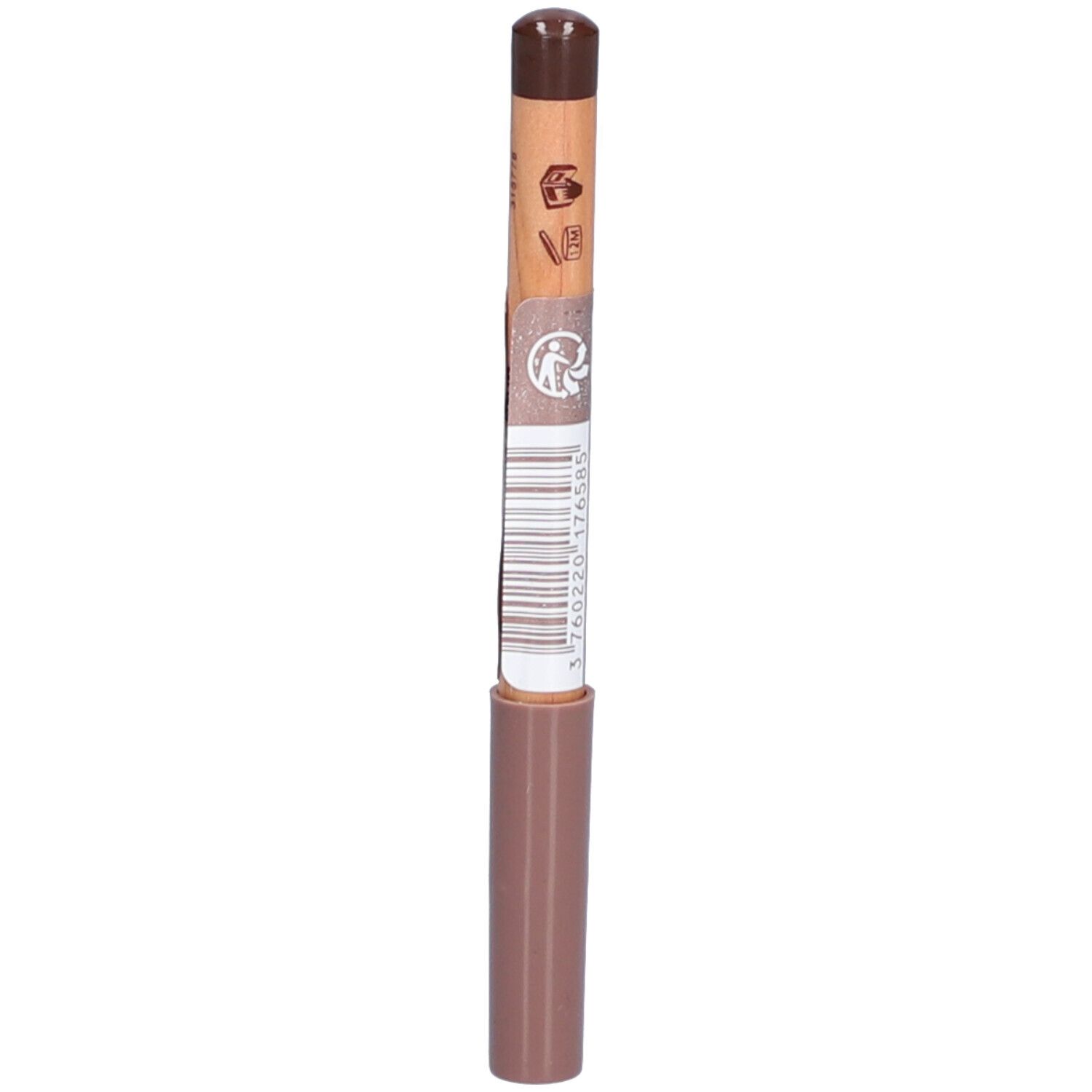 Crayon pour les yeux brun. Corps en bois avec pointe et applicateur bruns. Code-barres.