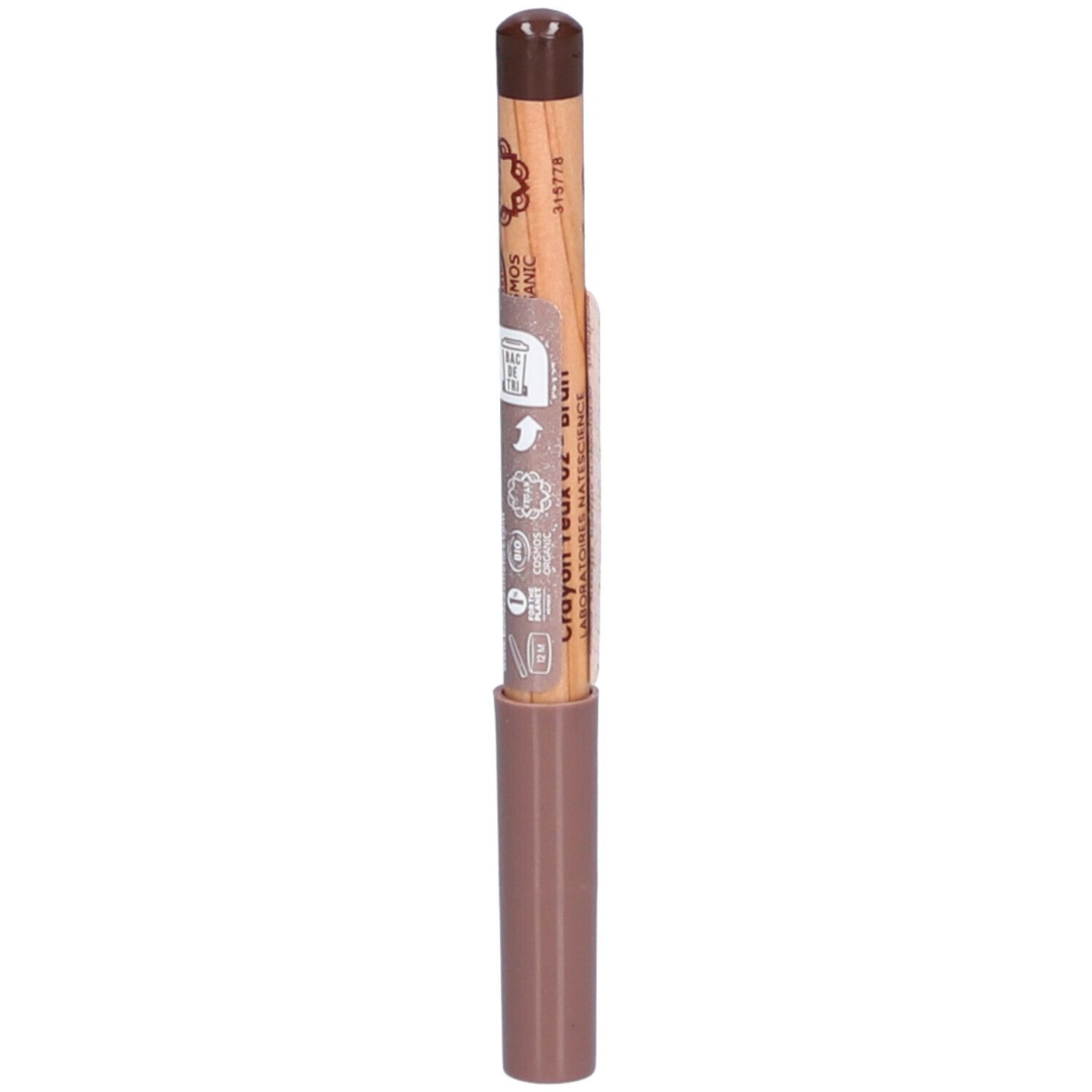 Crayon pour les yeux brun. Corps en bois avec pointe et applicateur bruns. Texte et logo.