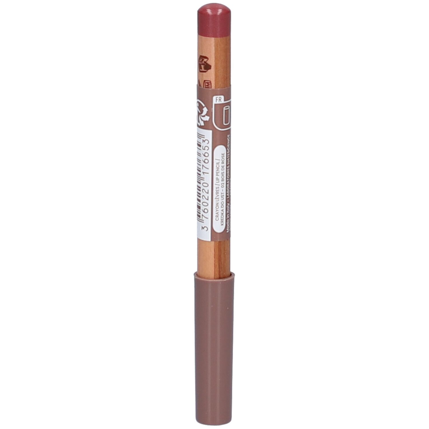 Lippenstift in Rosenholz-Farbe. Holzstift mit rosafarbenem Lippenstift. Unterteil und Kappe in Rosa. Aufschrift auf dem Stift.